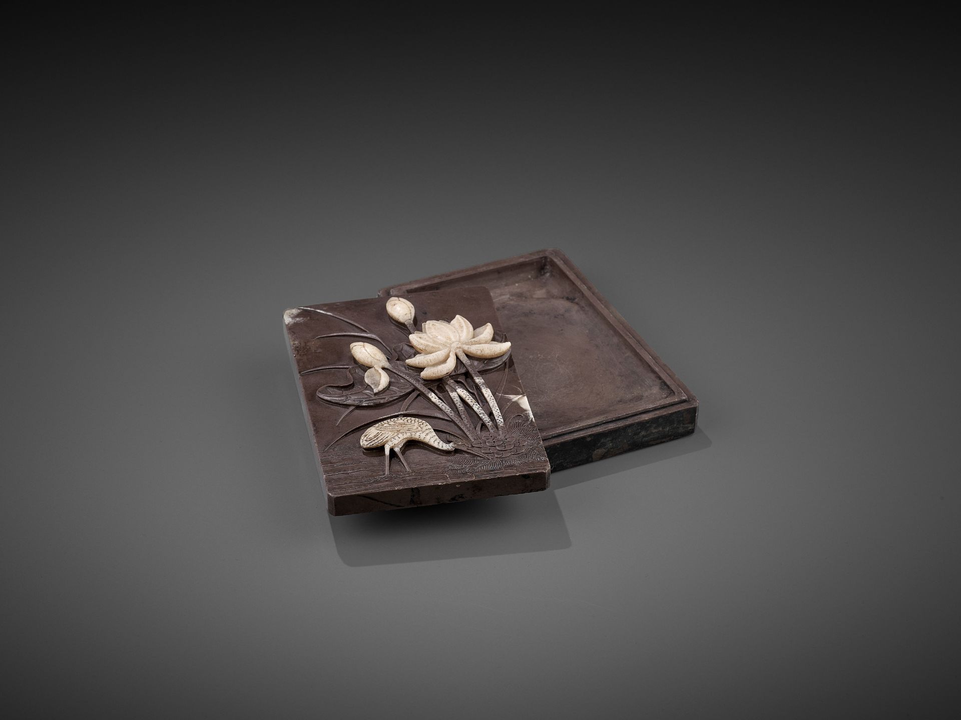 A DUAN 'CRANE AND LOTUS' INKSTONE AND COVER, QING - Image 5 of 12