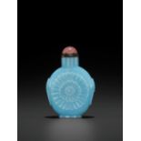 A CARVED 'CHRYSANTHEMUM' TURQUOISE GLASS SNUFF BOTTLE, QING DYNASTY