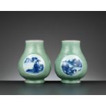 A PAIR OF MOLDED BLUE AND WHITE DECORATED CELADON-GROUND HU-FORM VASES, REPUBLIC