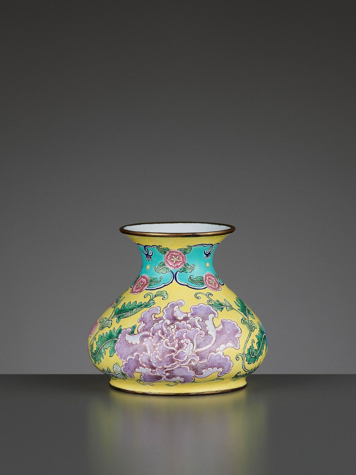 A BEIJING ENAMEL ON COPPER 'PEONIES' WATER POT, QIANLONG MARK AND PERIOD