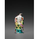 A MOLDED AND ENAMELED PORCELAIN 'LIU HAI AND TOAD' SNUFF BOTTLE, REPUBLIC