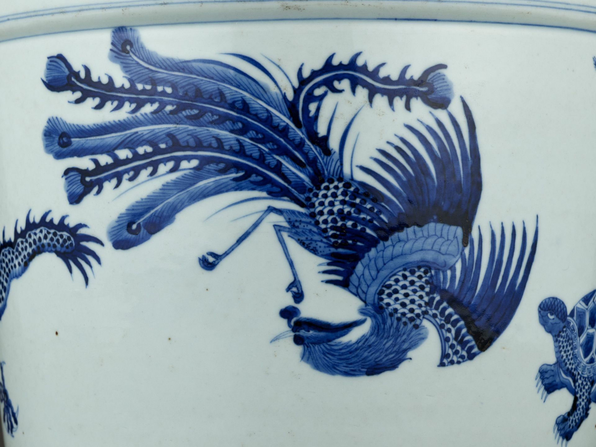 A MASSIVE BLUE AND WHITE 'FIVE MYTHICAL BEASTS' JARDINIERE, QING DYNASTY - Image 5 of 12