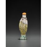A LARGE MOLDED AND ENAMELED PORCELAIN 'LEAPING CARP' SNUFF BOTTLE, QING DYNASTY
