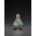 AN INSCRIBED IMPERIAL CLOISONNE ENAMEL SNUFF BOTTLE WITH MATCHING STOPPER, QIANLONG MARK AND PERIOD