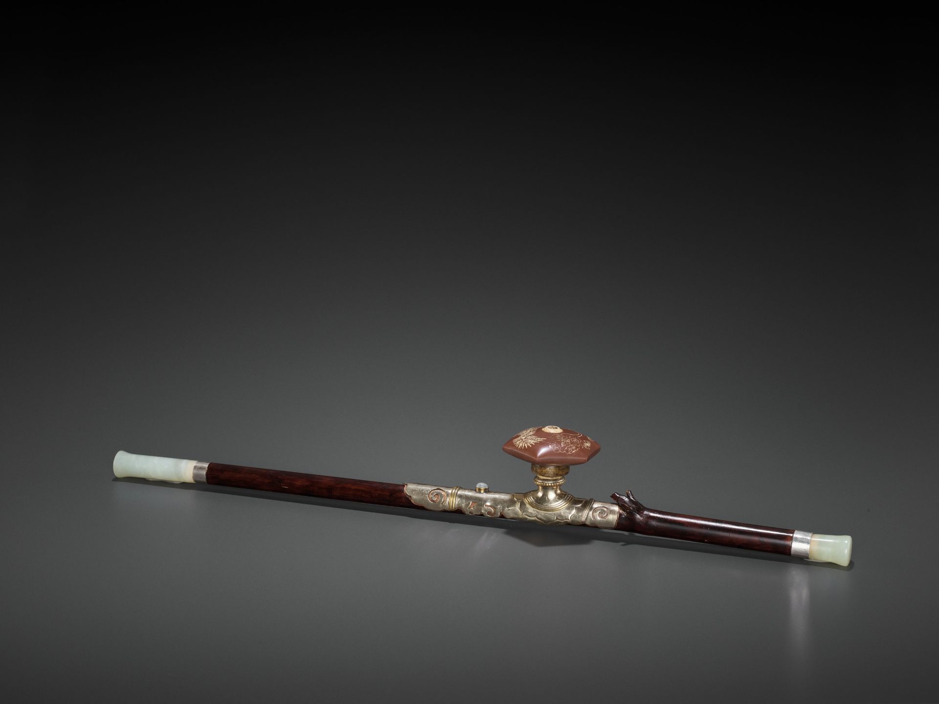 A BAMBOO OPIUM PIPE WITH HARDSTONE, SILVER AND YIXING CERAMIC FITTINGS, LATE QING TO REPUBLIC