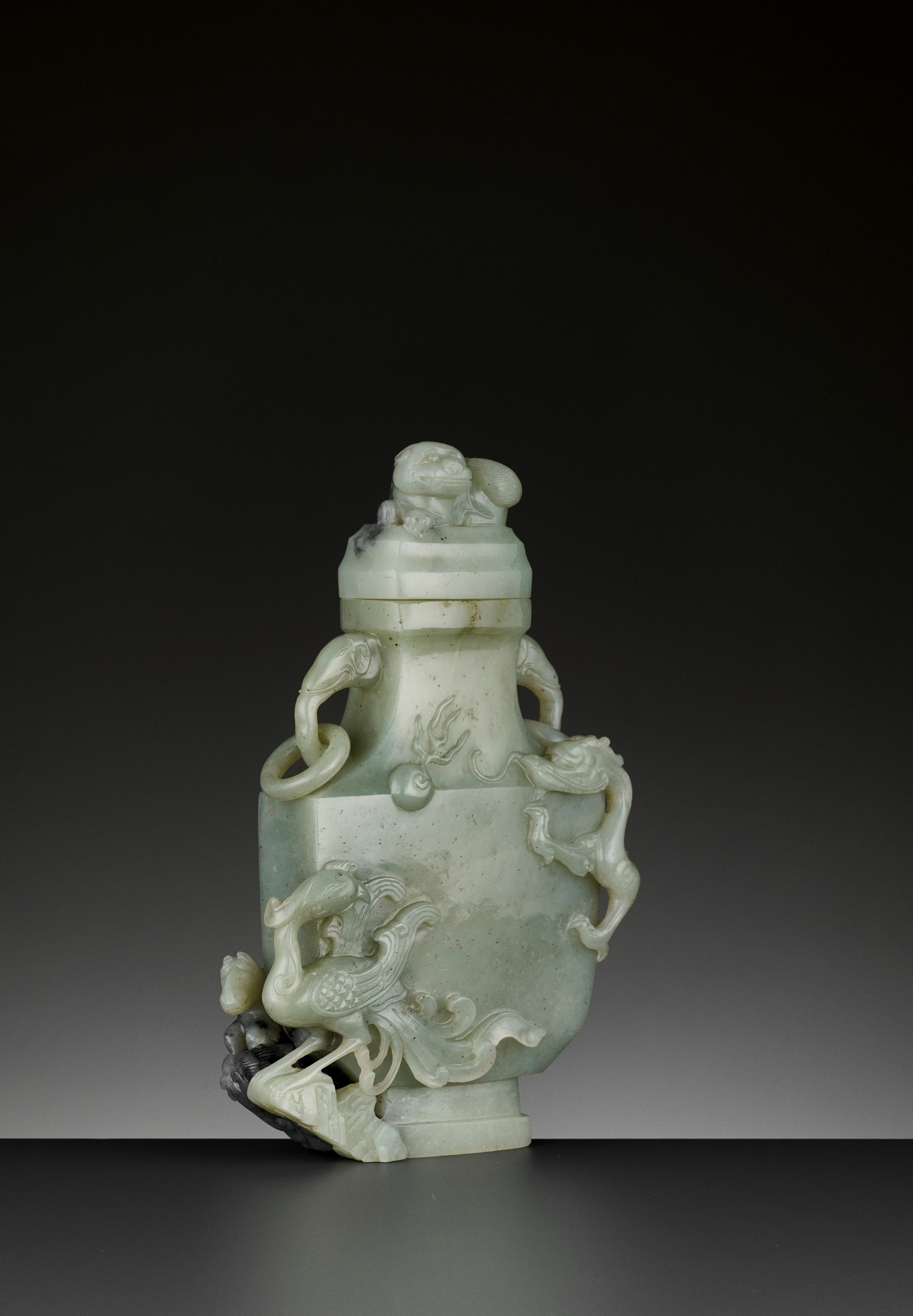 A CELADON AND GREY JADE BALUSTER VASE AND COVER, QING DYNASTY