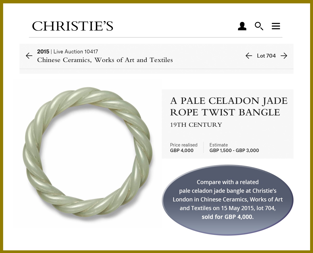 A CELADON JADE ROPE-TWIST BANGLE, QING - Image 4 of 8