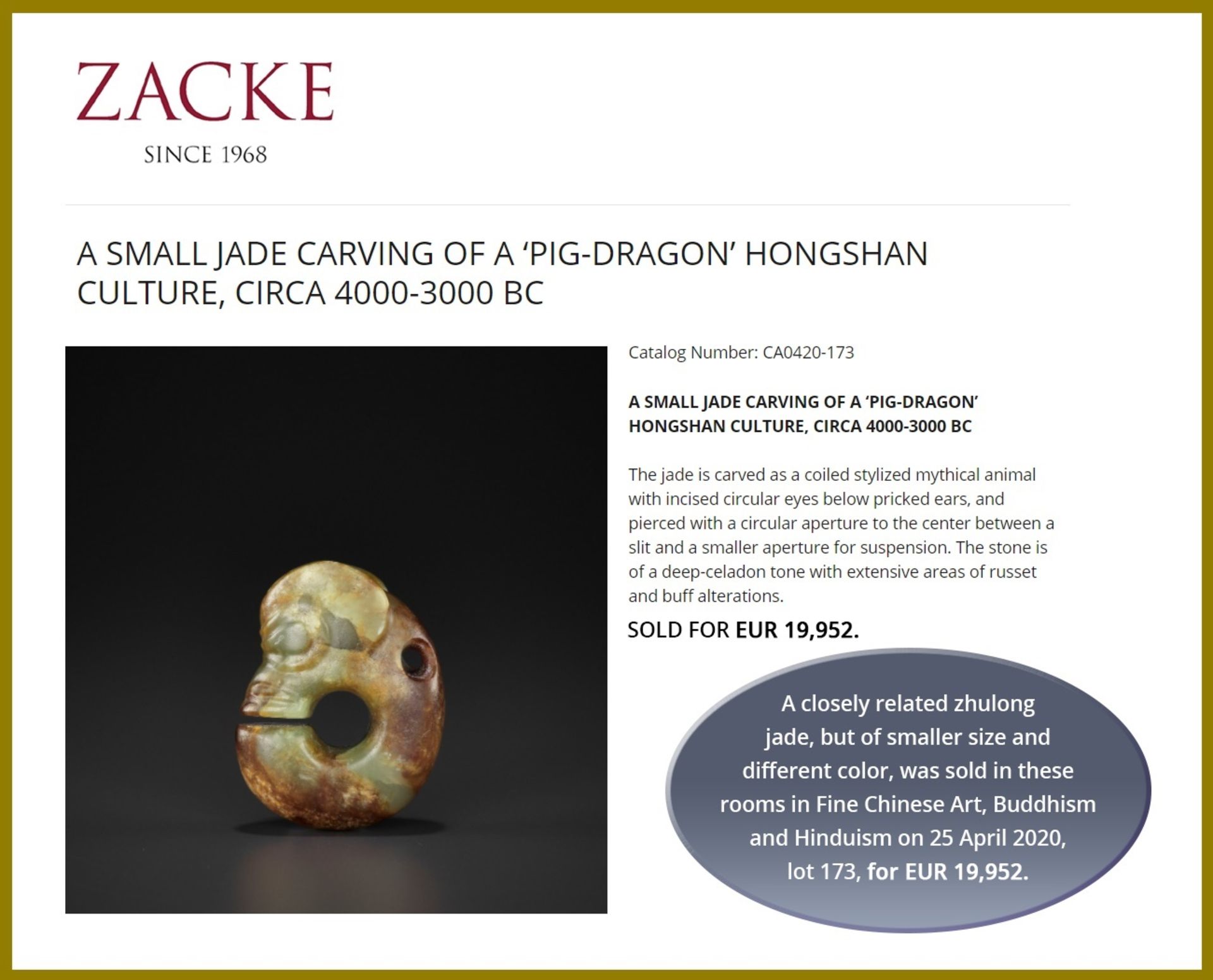 A DARK-GREEN JADE 'PIG-DRAGON' CARVING, ZHULONG, HONGSHAN CULTURE, C. 4000-3000 BC - Image 3 of 6