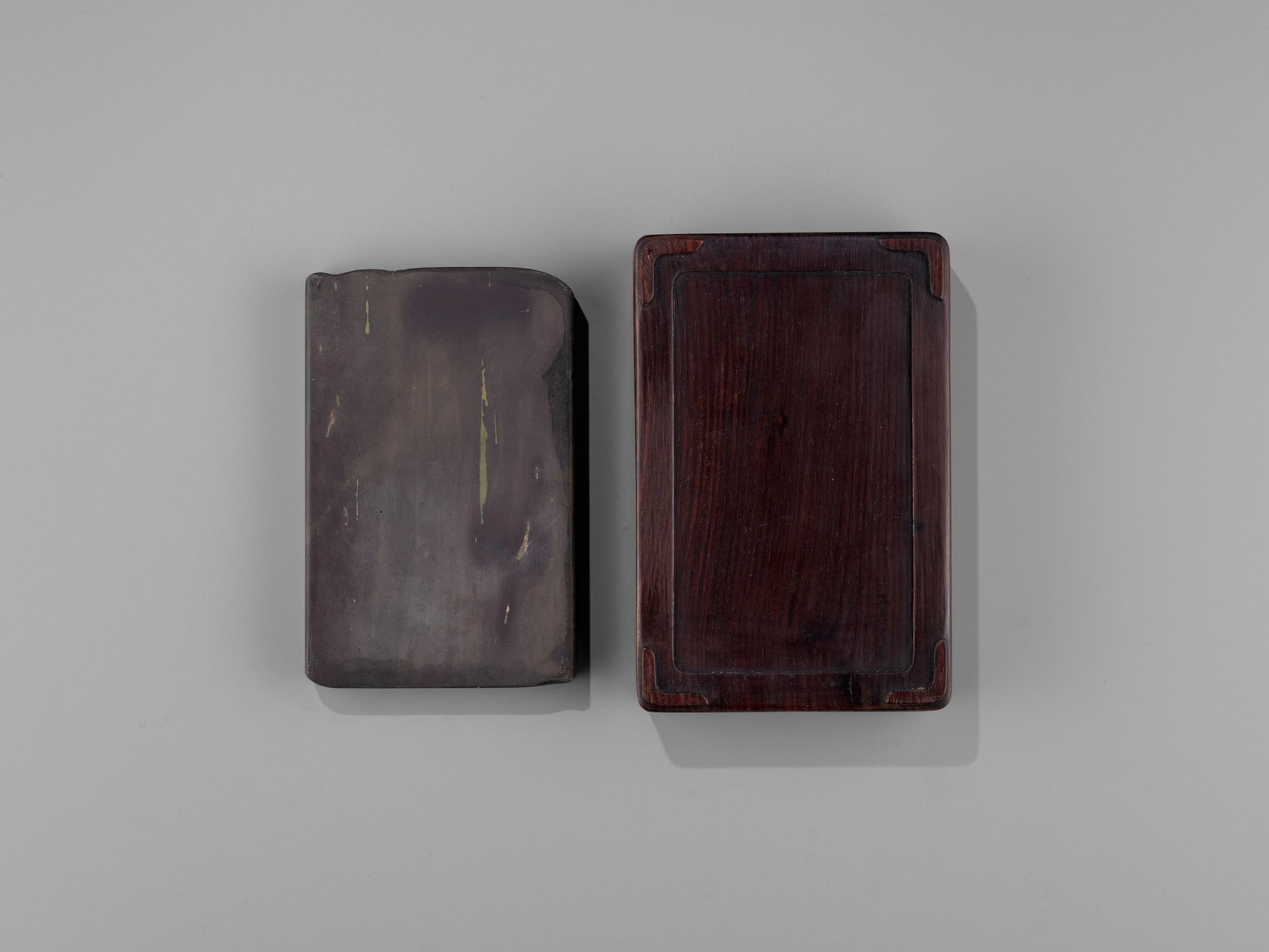 AN INSCRIBED DUAN INKSTONE AND FITTED HUANGHUALI BOX, QING - Image 9 of 11