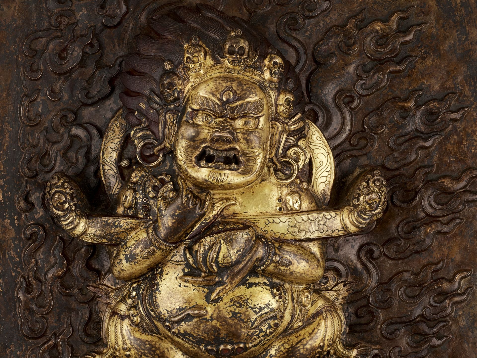 A LARGE GILT-COPPER REPOUSSE RELIEF OF MAHAKALA, 18TH-19TH CENTURY - Image 2 of 8