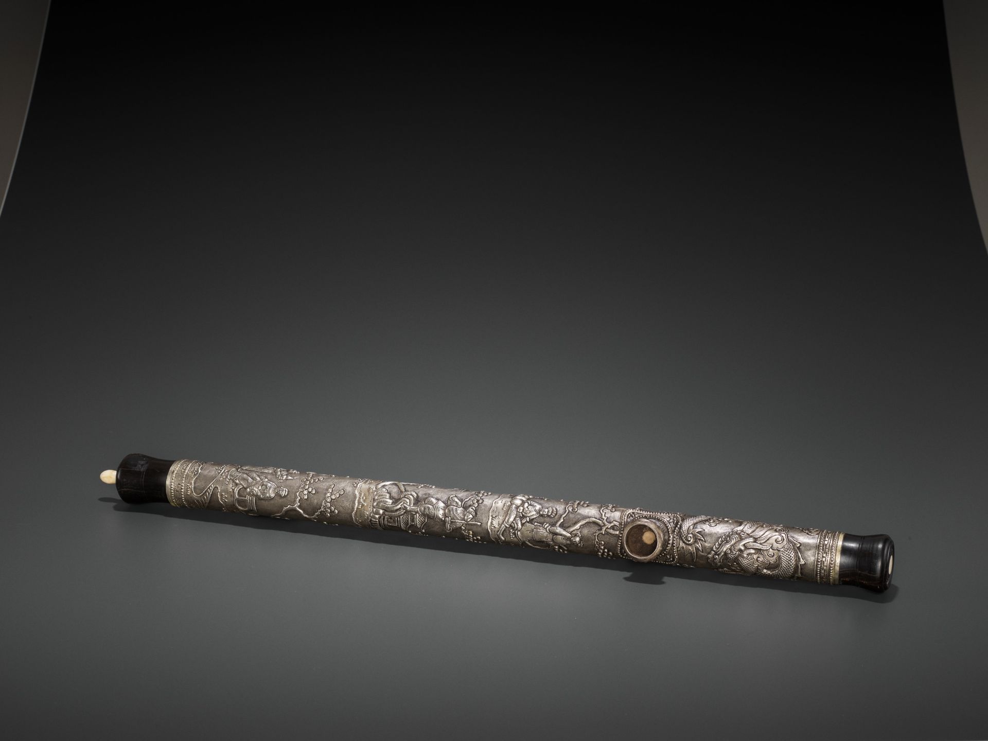 A HARDWOOD OPIUM PIPE WITH BONE, SILVER AND YIXING CERAMIC FITTINGS, LATE QING TO REPUBLIC - Image 5 of 7