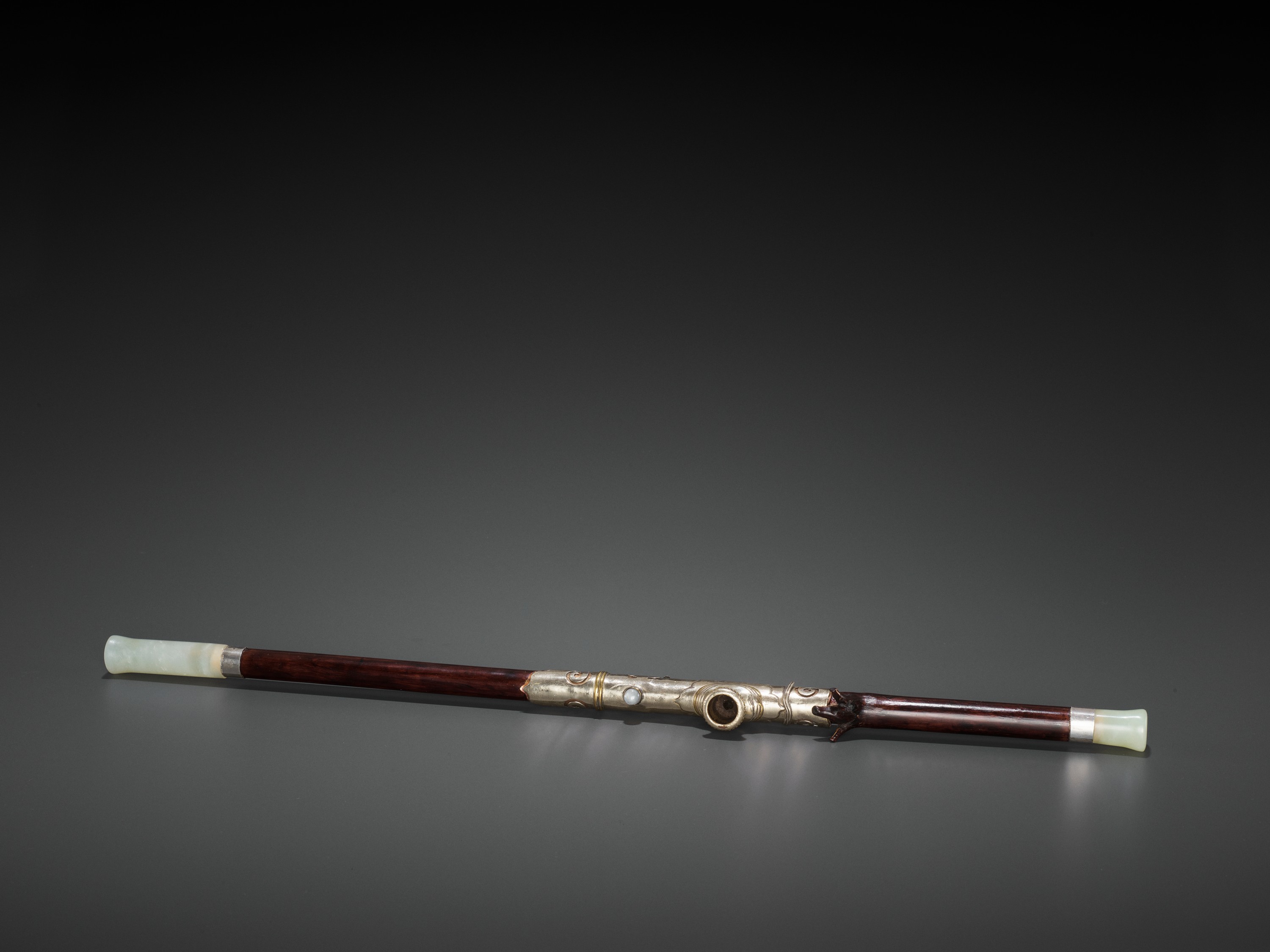 A BAMBOO OPIUM PIPE WITH HARDSTONE, SILVER AND YIXING CERAMIC FITTINGS, LATE QING TO REPUBLIC - Image 6 of 10