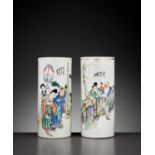 TWO 'SCENES FROM THE TANG COURT' CYLINDRICAL VASES, REPUBLIC PERIOD