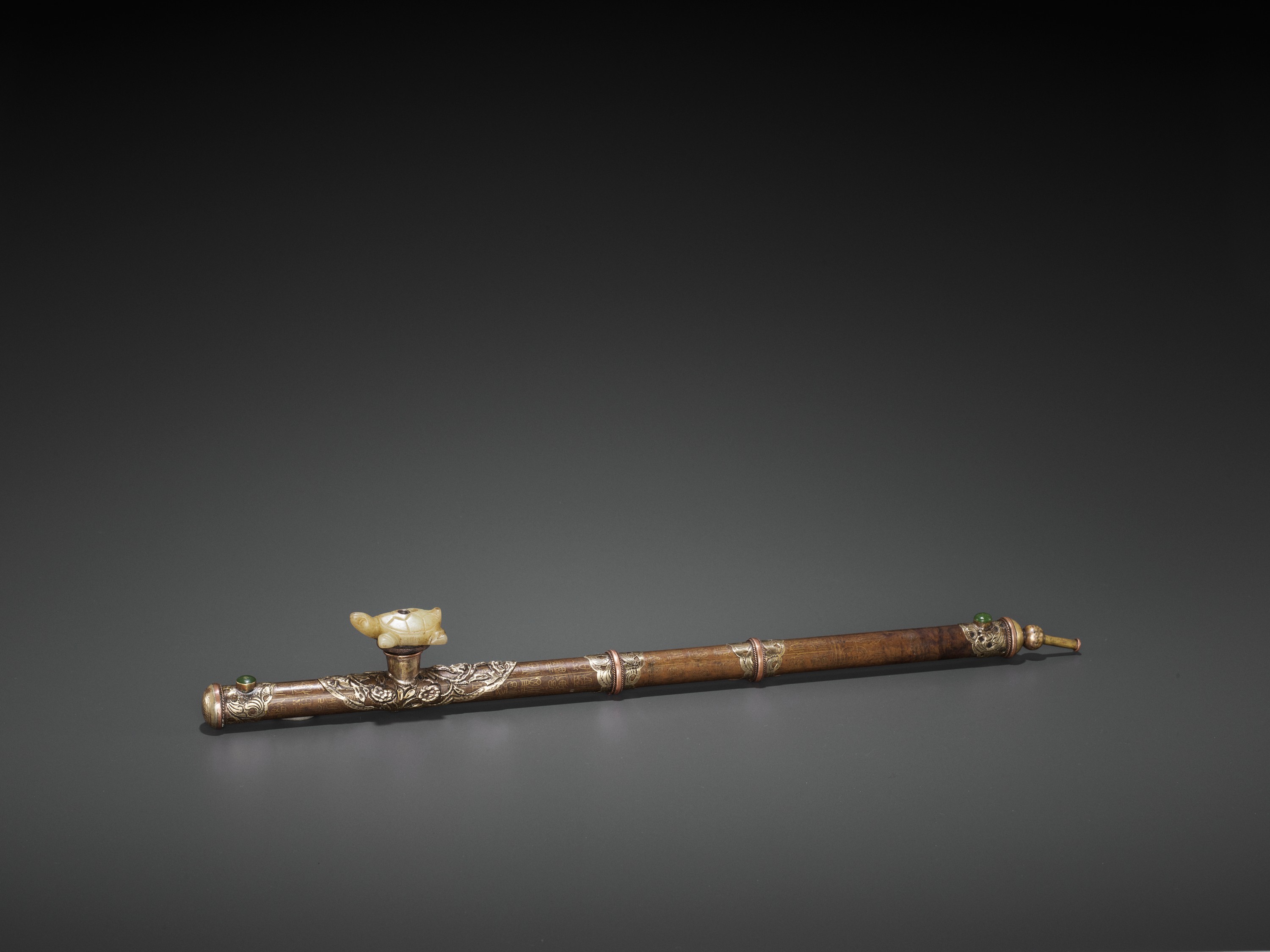 AN INSCRIBED BRONZE OPIUM PIPE WITH SILVER AND COPPER FITTINGS, LATE QING TO REPUBLIC - Image 2 of 8