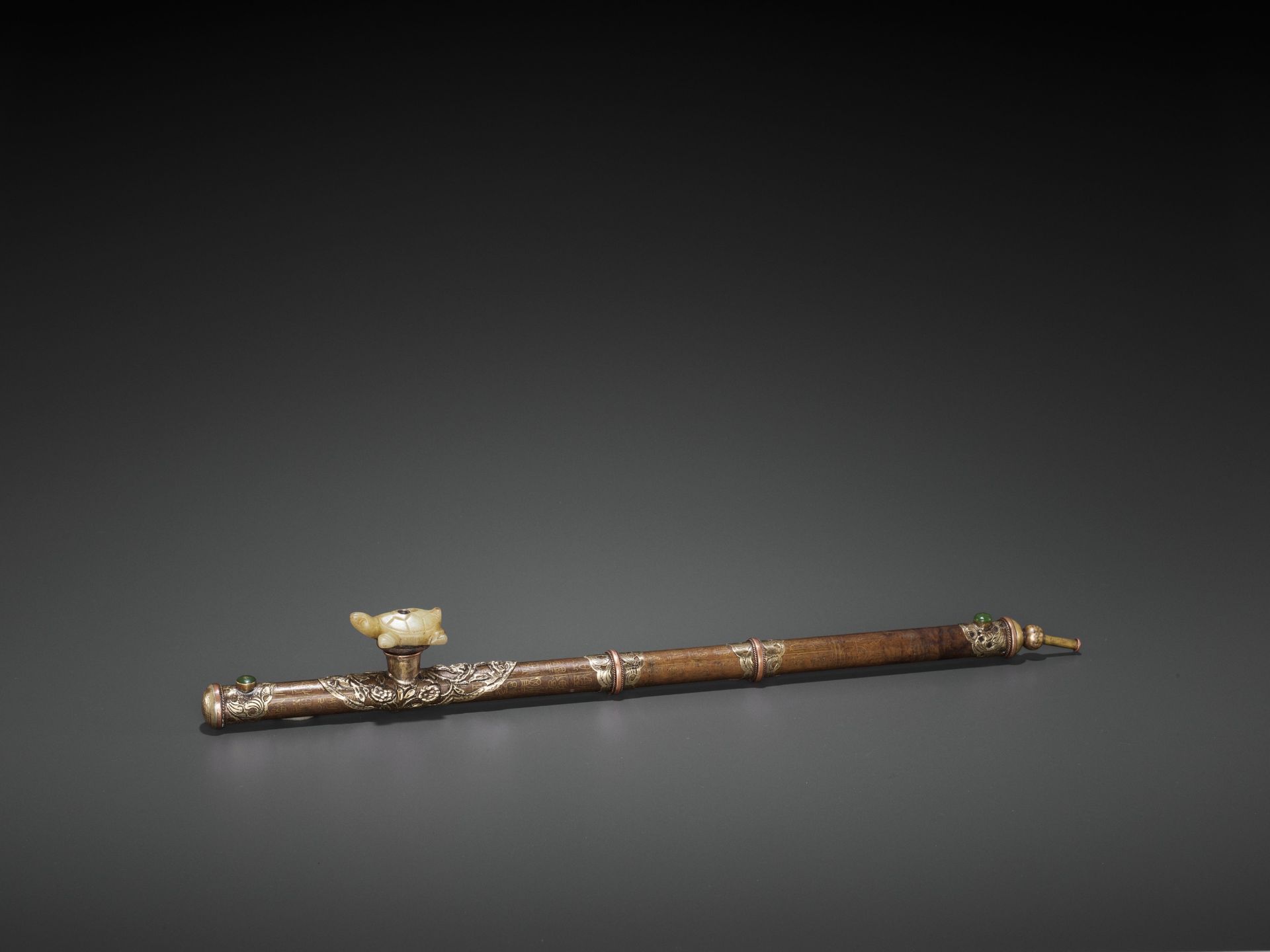 AN INSCRIBED BRONZE OPIUM PIPE WITH SILVER AND COPPER FITTINGS, LATE QING TO REPUBLIC - Image 2 of 8