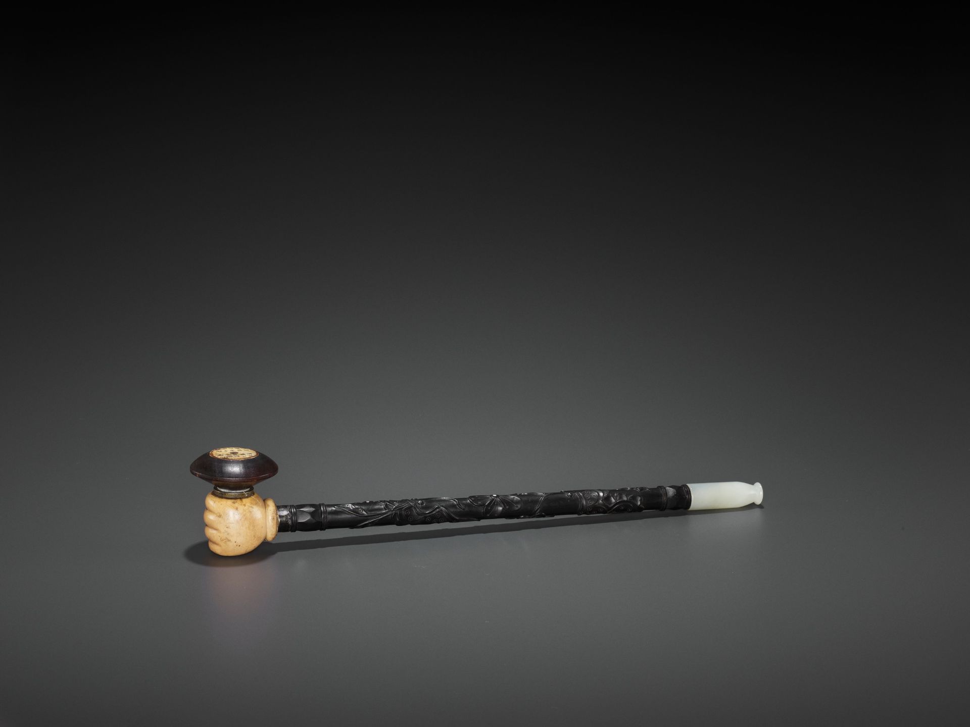 A HARDWOOD OPIUM PIPE WITH JADEITE, IVORY AND ZITAN FITTINGS, LATE QING TO REPUBLIC - Image 2 of 6