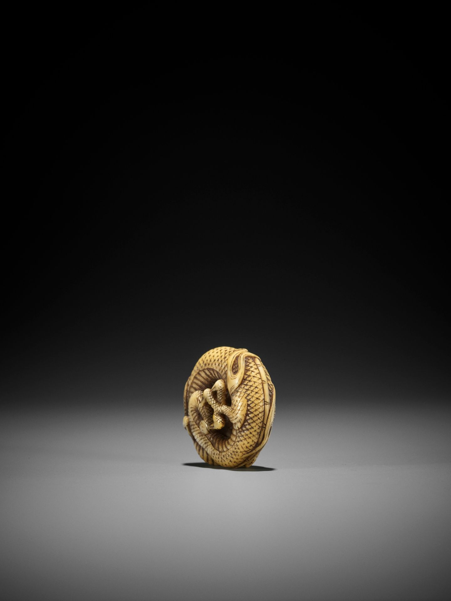 A FINE WALRUS TOOTH MANJU NETSUKE OF A COILED DRAGON - Image 4 of 8