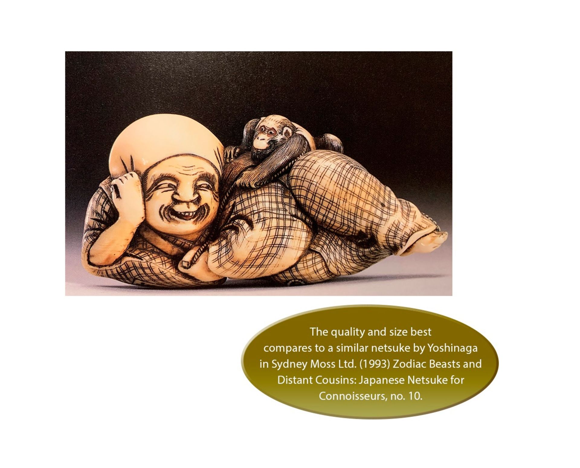 YOSHINAGA: A LARGE AND EXCEPTIONAL IVORY NETSUKE OF A RECLINING SARUMAWASHI WITH MONKEY - Image 9 of 9