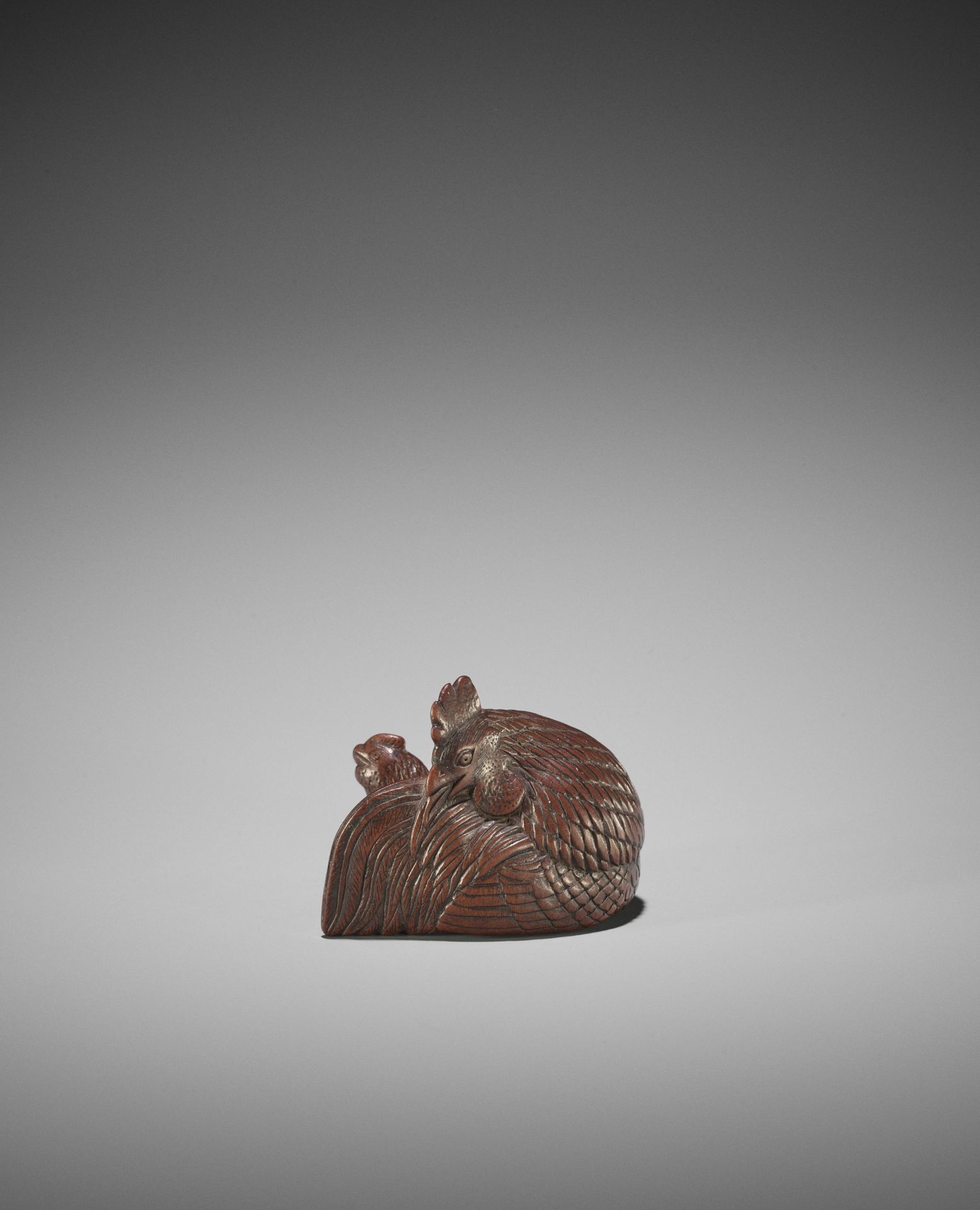 A SUPERB WOOD NETSUKE OF A COCKEREL AND HEN - Image 12 of 12