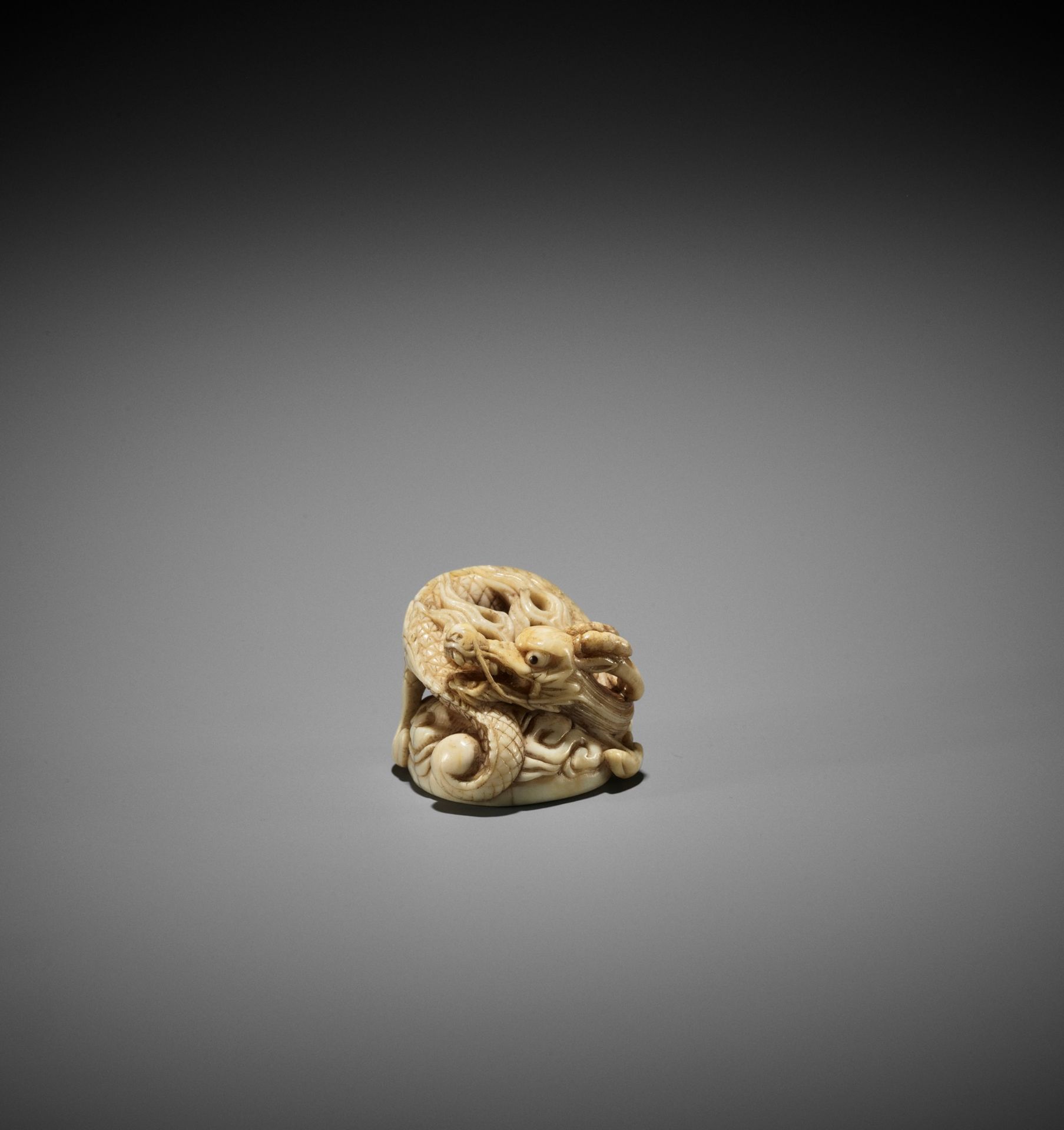 A POWERFUL IVORY NETSUKE OF A DRAGON, ATTRIBUTED TO MITSUHARU