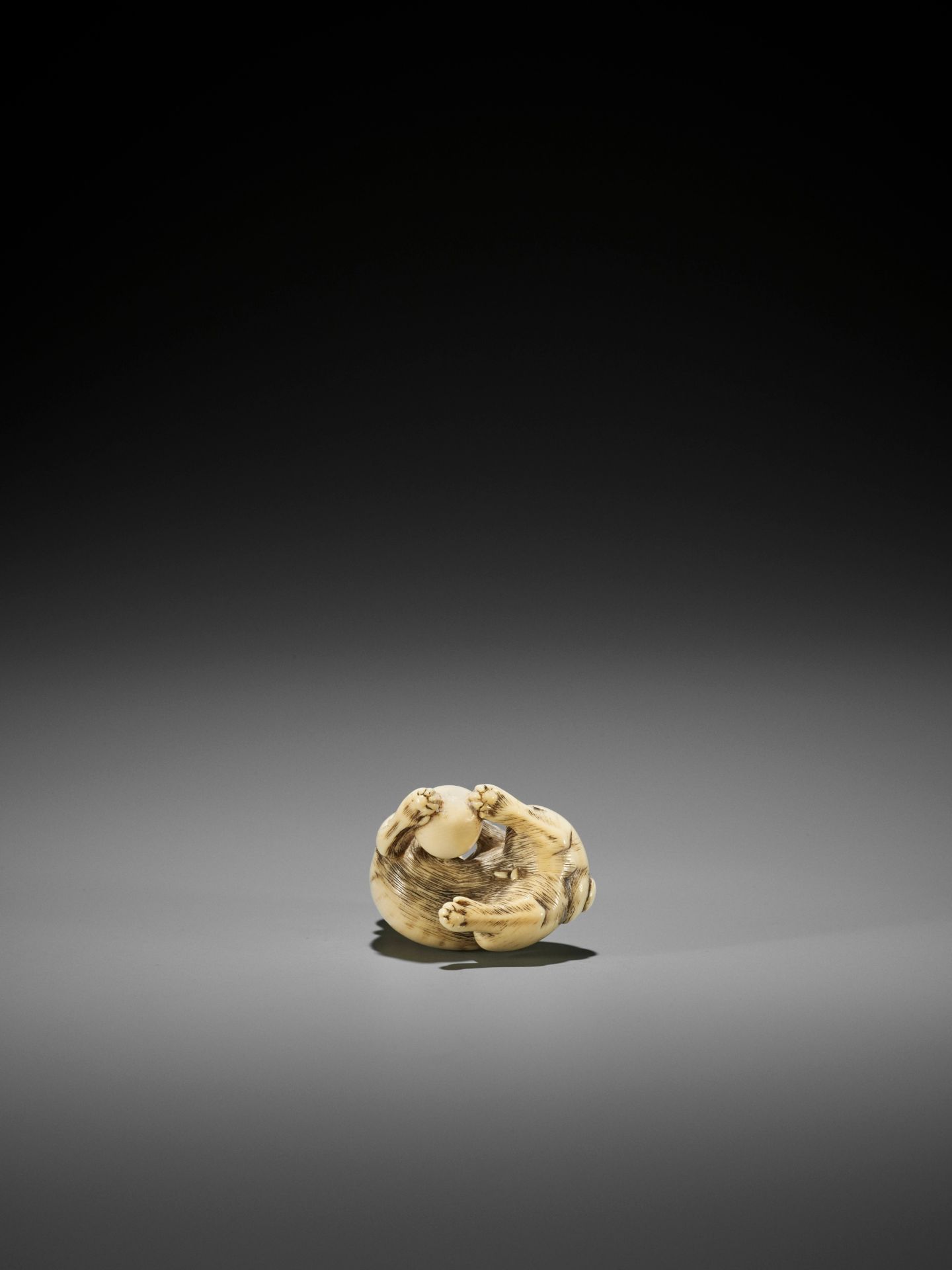 AN IVORY NETSUKE OF A DOG WITH BALL, ATTRIBUTED TO MITSUHARU - Image 11 of 14