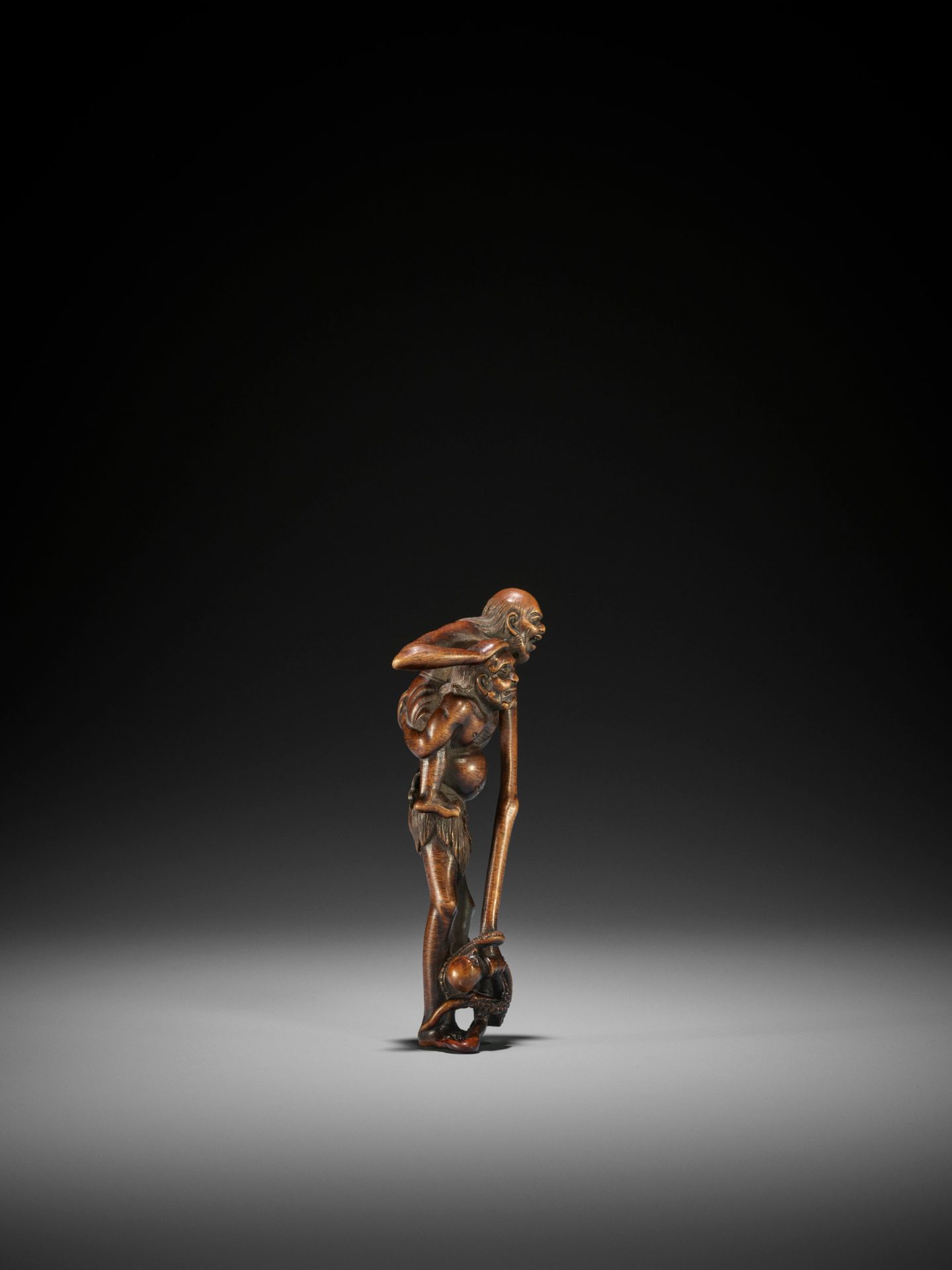 KAZUHIDE: A TALL WOOD NETSUKE OF ASHINAGA AND TENAGA - Image 5 of 8