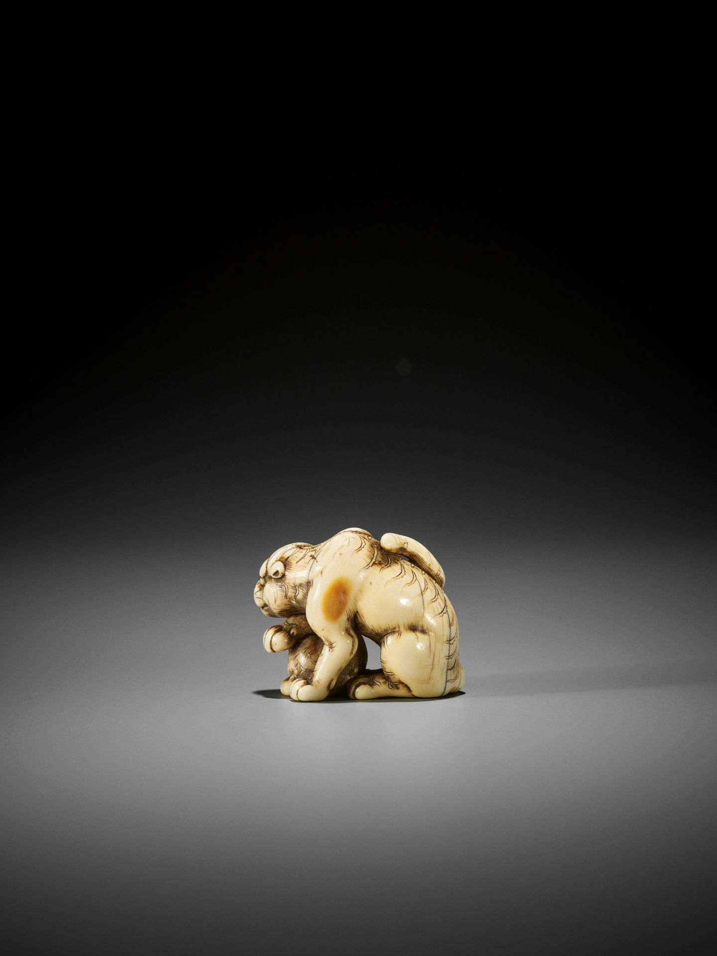 TOMOTADA: AN EXCEPTIONAL IVORY NETSUKE OF A TIGRESS AND CUB - Image 5 of 13