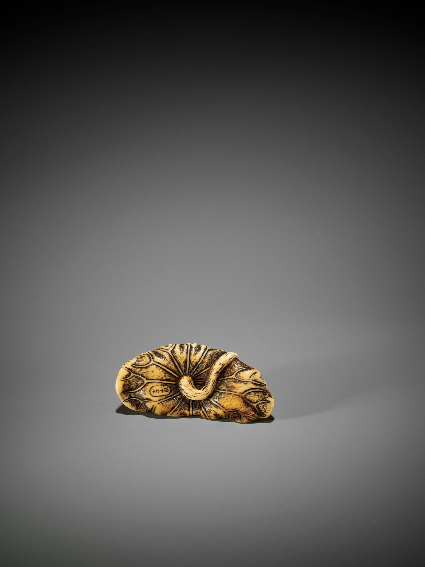 YOSHITOMO: AN IVORY NETSUKE OF TWO FROGS WRESTLING ON A LOTUS LEAF - Image 3 of 11