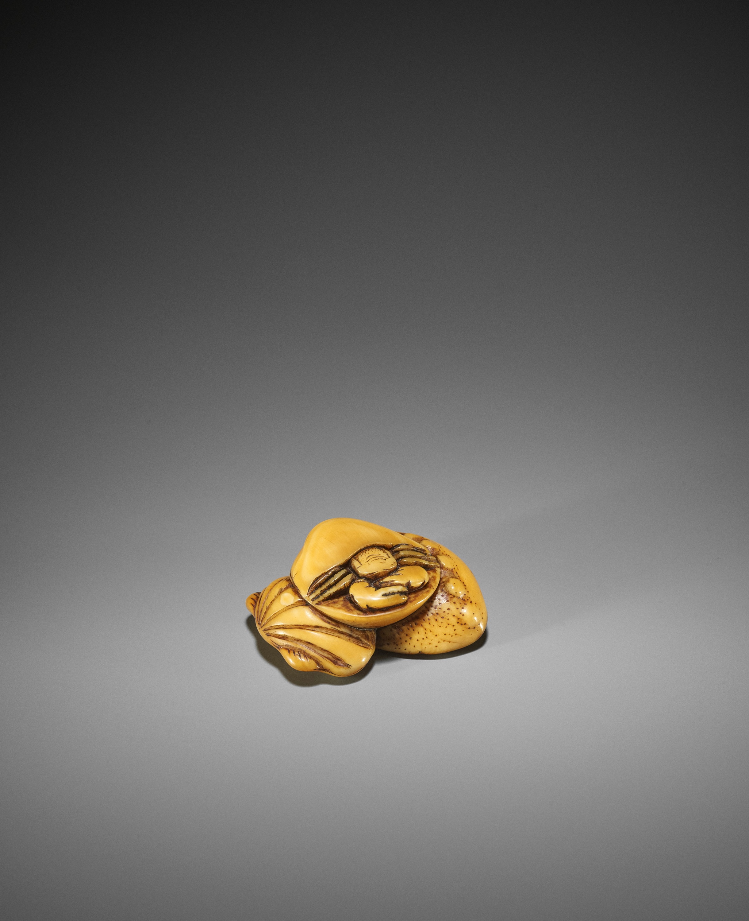 AN EARLY IVORY NETSUKE OF A HERMIT CRAB AND SHELLS
