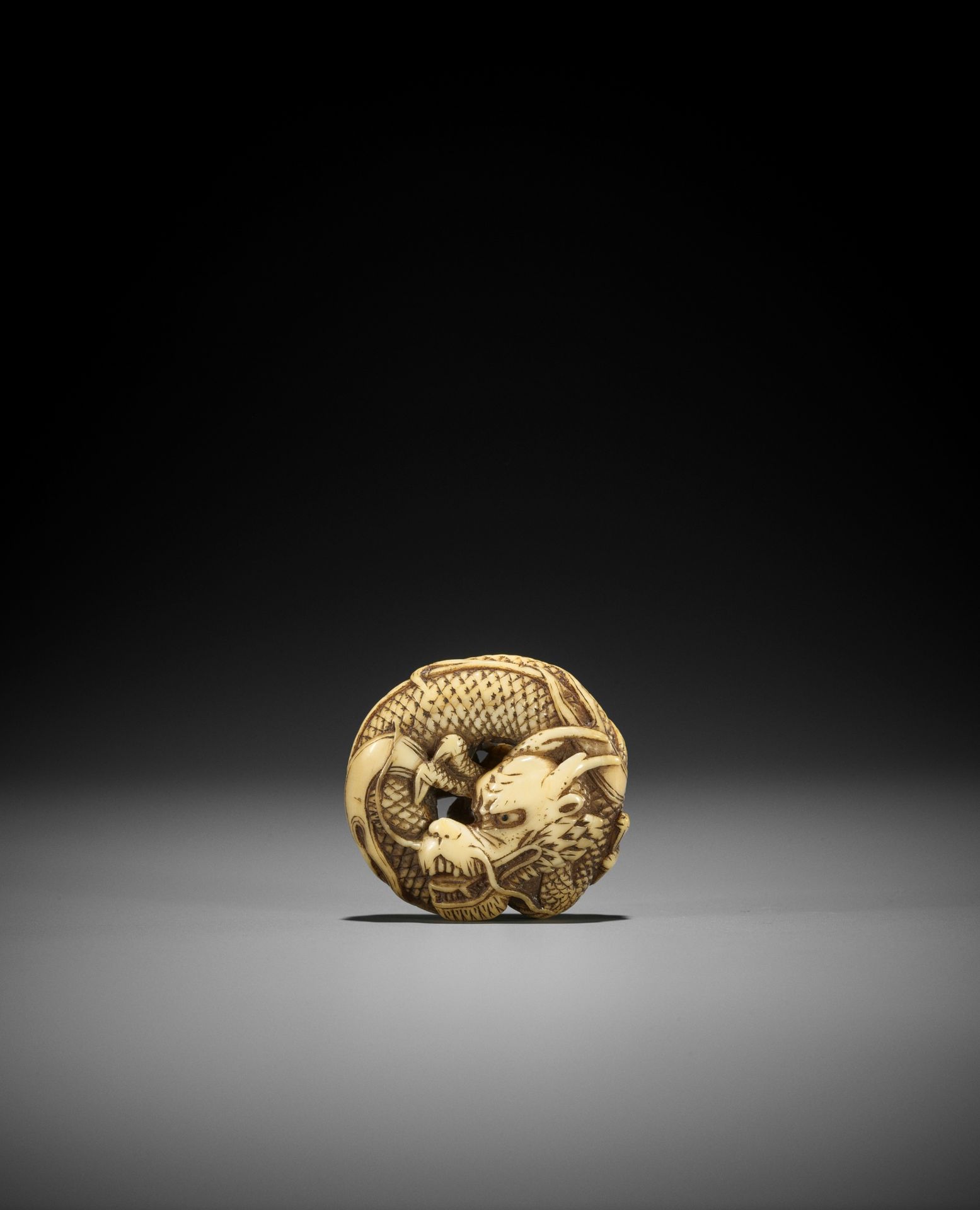 A FINE WALRUS TOOTH MANJU NETSUKE OF A COILED DRAGON