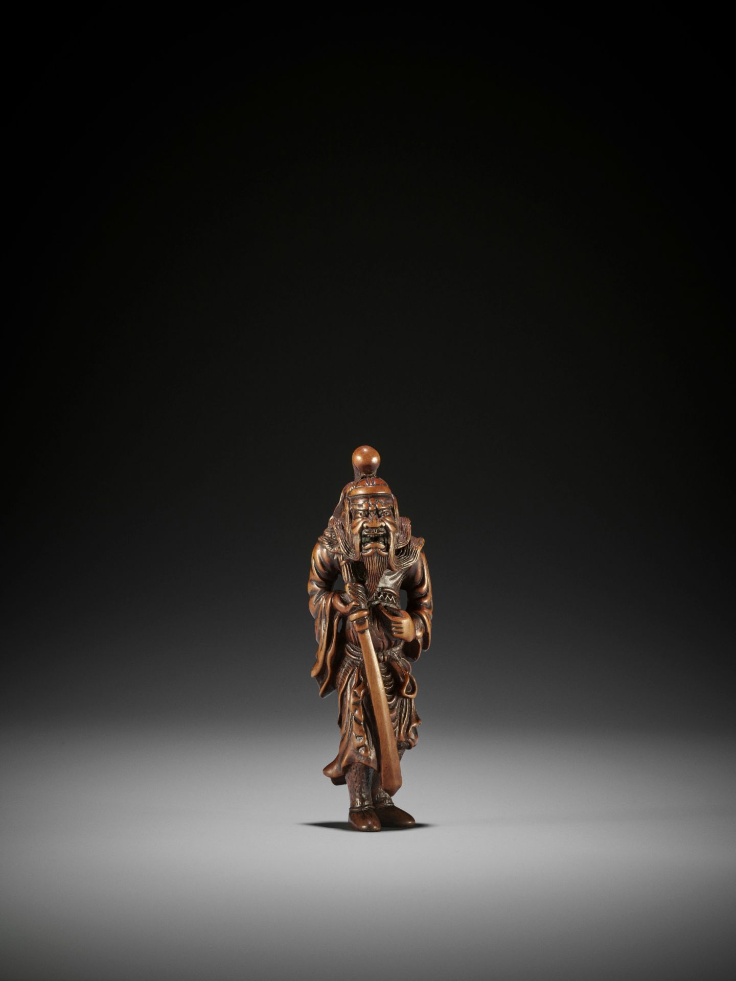 A SUPERB AND TALL WOOD NETSUKE OF SHOKI - Image 2 of 8