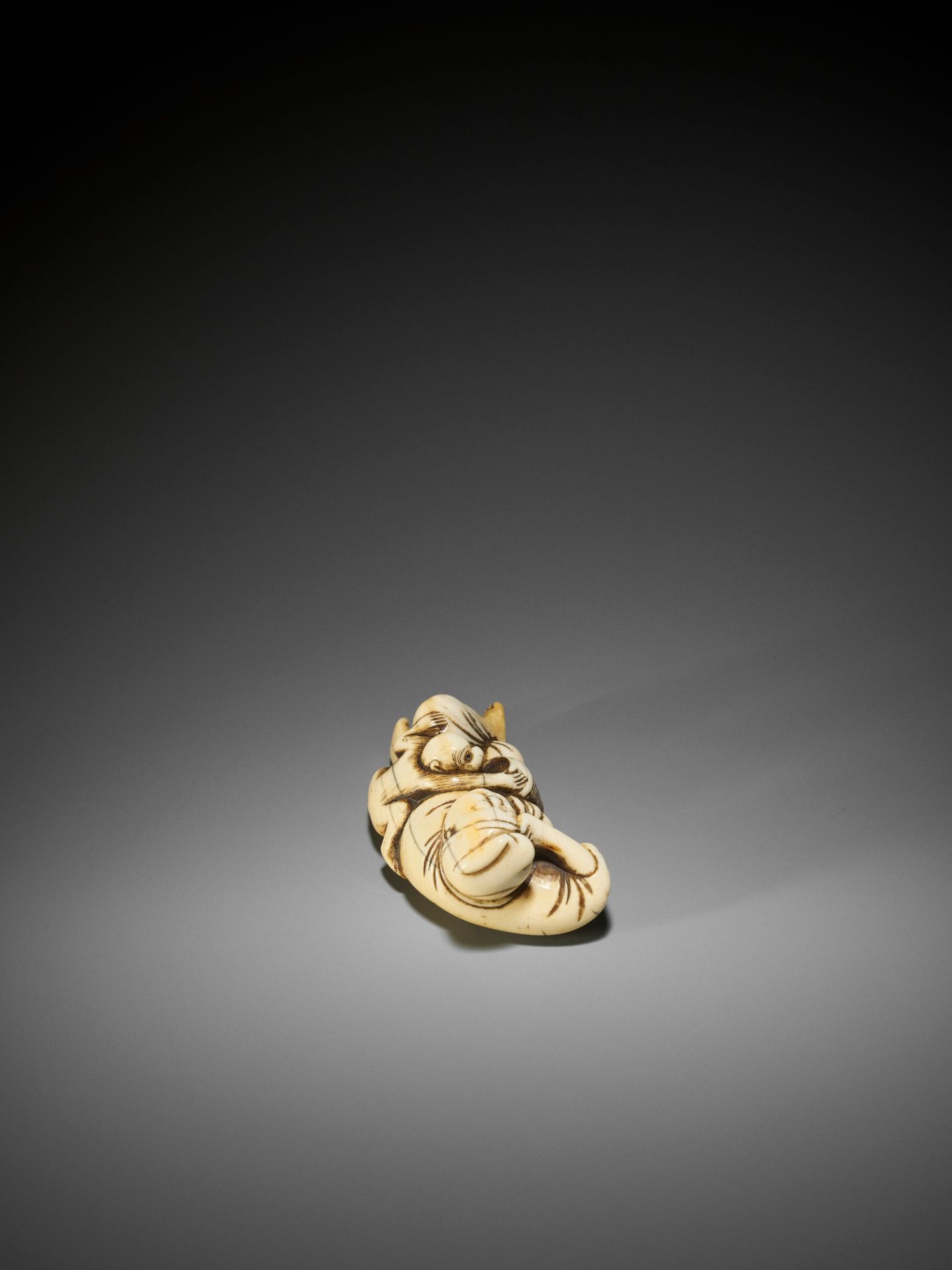 A GOOD IVORY NETSUKE OF A SLEEPING SARUMAWASHI AND THIEVING MONKEY - Image 6 of 7