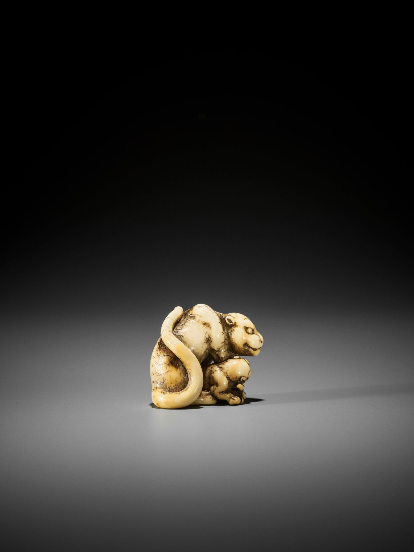 TOMOTADA: AN EXCEPTIONAL IVORY NETSUKE OF A TIGRESS AND CUB - Image 4 of 13