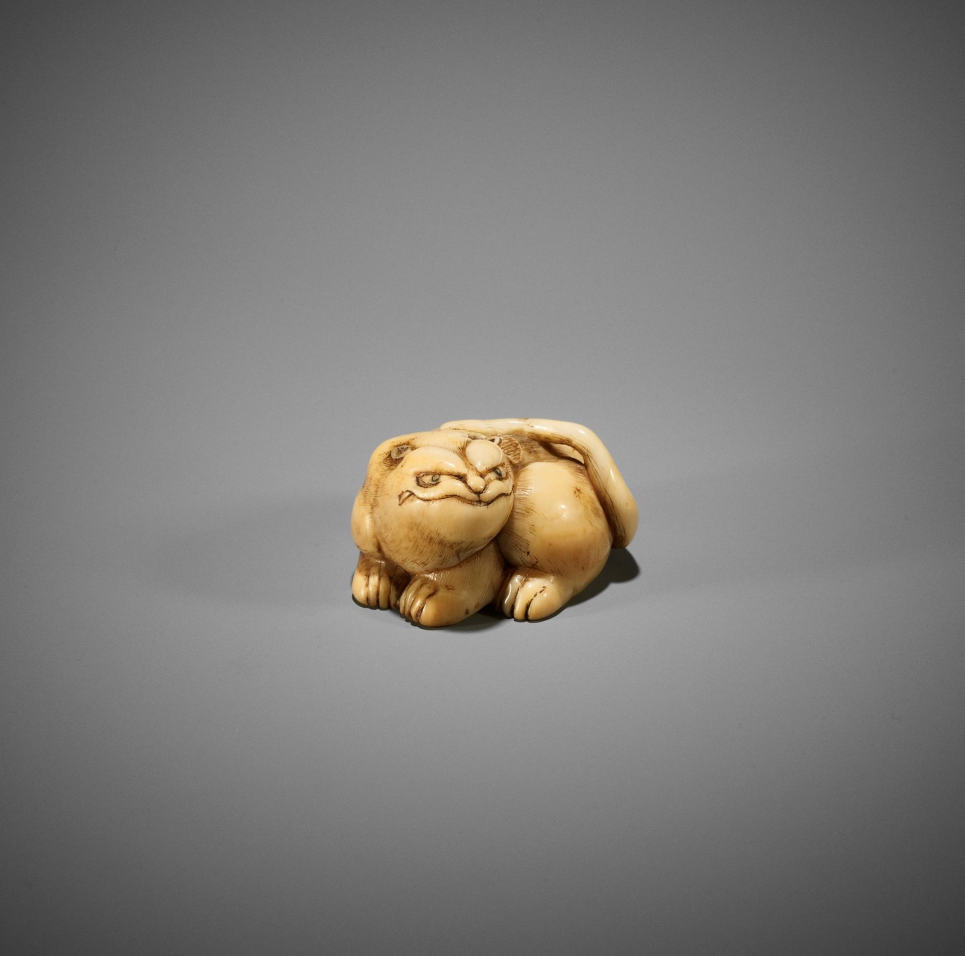 A RARE IVORY ASHTRAY NETSUKE OF A TIGER