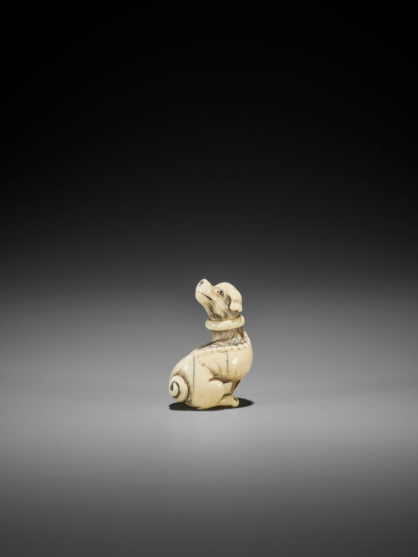AN IVORY NETSUKE OF A DOG WITH BALL, ATTRIBUTED TO MITSUHARU - Image 9 of 14