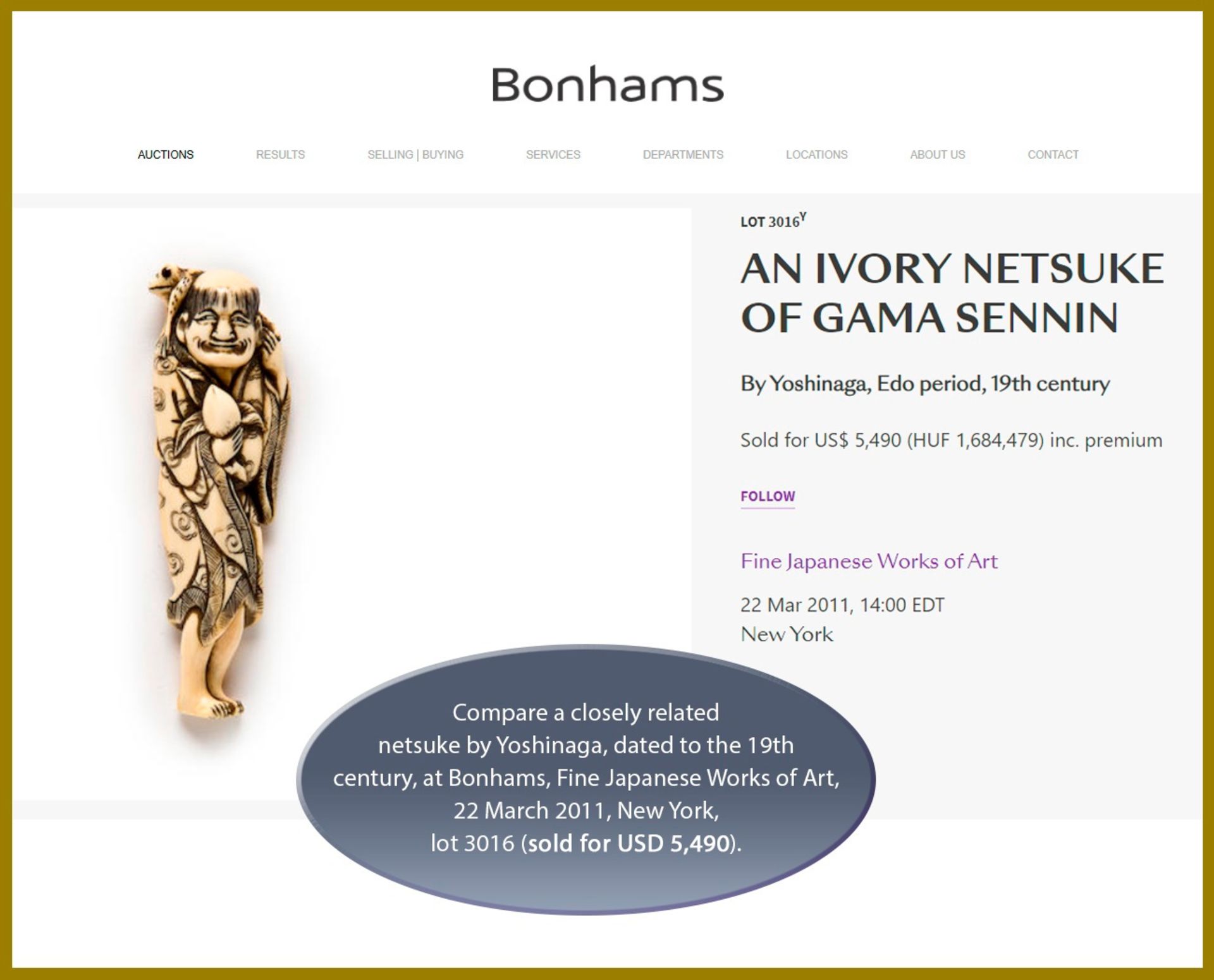 YOSHINAGA: AN IVORY NETSUKE OF GAMA SENNIN WITH A PEACH AND HIS THREE-LEGGED TOAD - Image 10 of 11