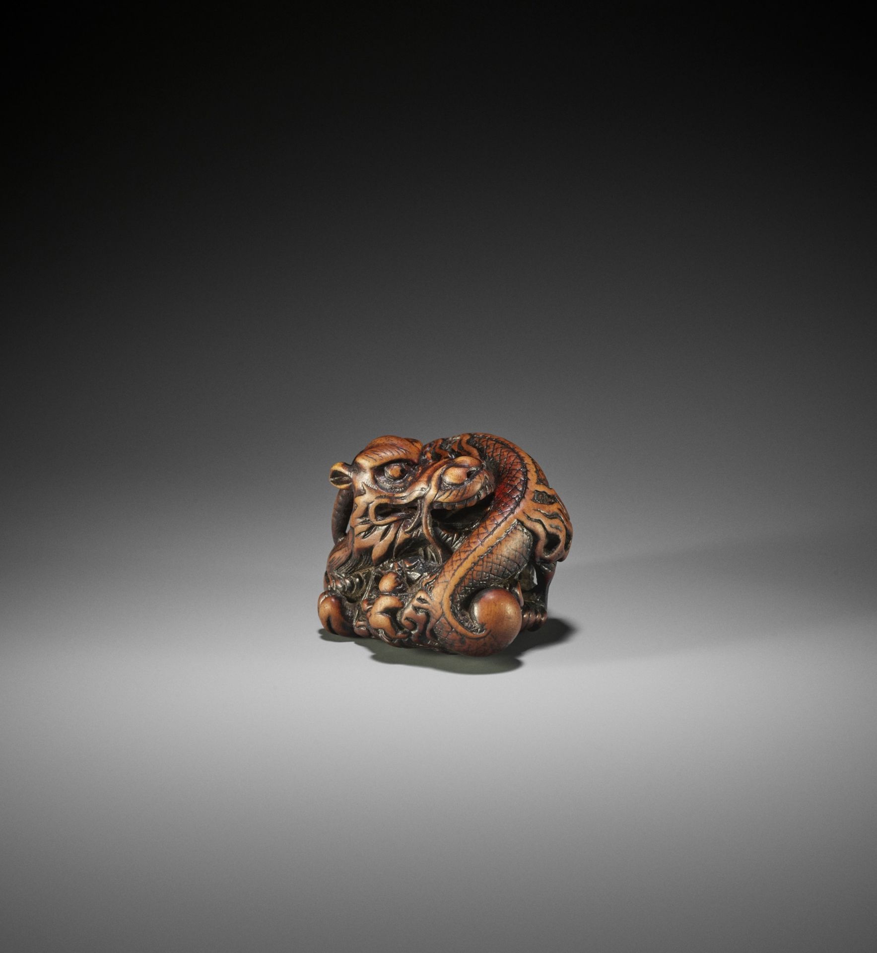 A POWERFUL AND RARE WOOD NETSUKE OF A COILED DRAGON, ATTRIBUTED TO MITSUHARU