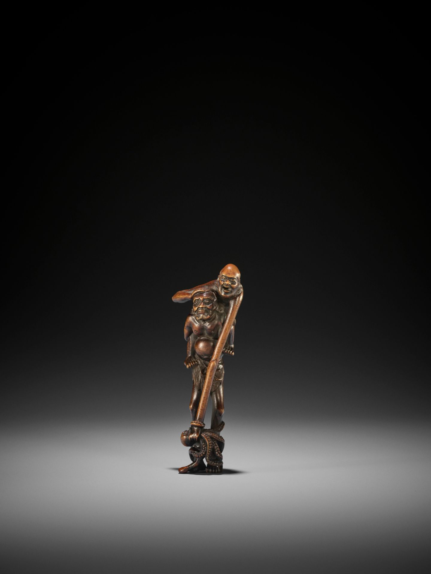 KAZUHIDE: A TALL WOOD NETSUKE OF ASHINAGA AND TENAGA - Image 3 of 8