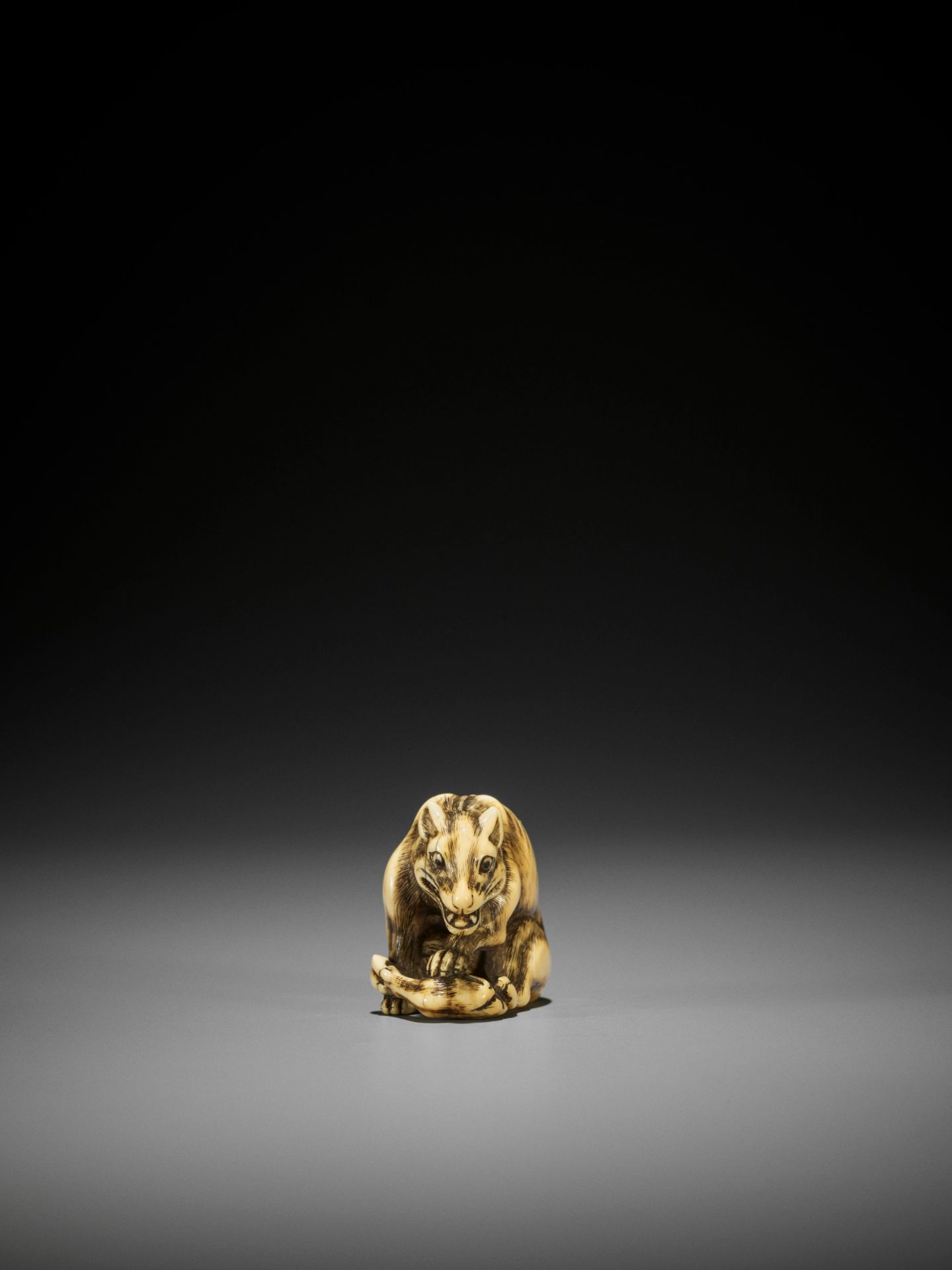 TOMOTADA: A FINE IVORY NETSUKE OF A WOLF WITH HAUNCH OF VENISON - Image 5 of 18