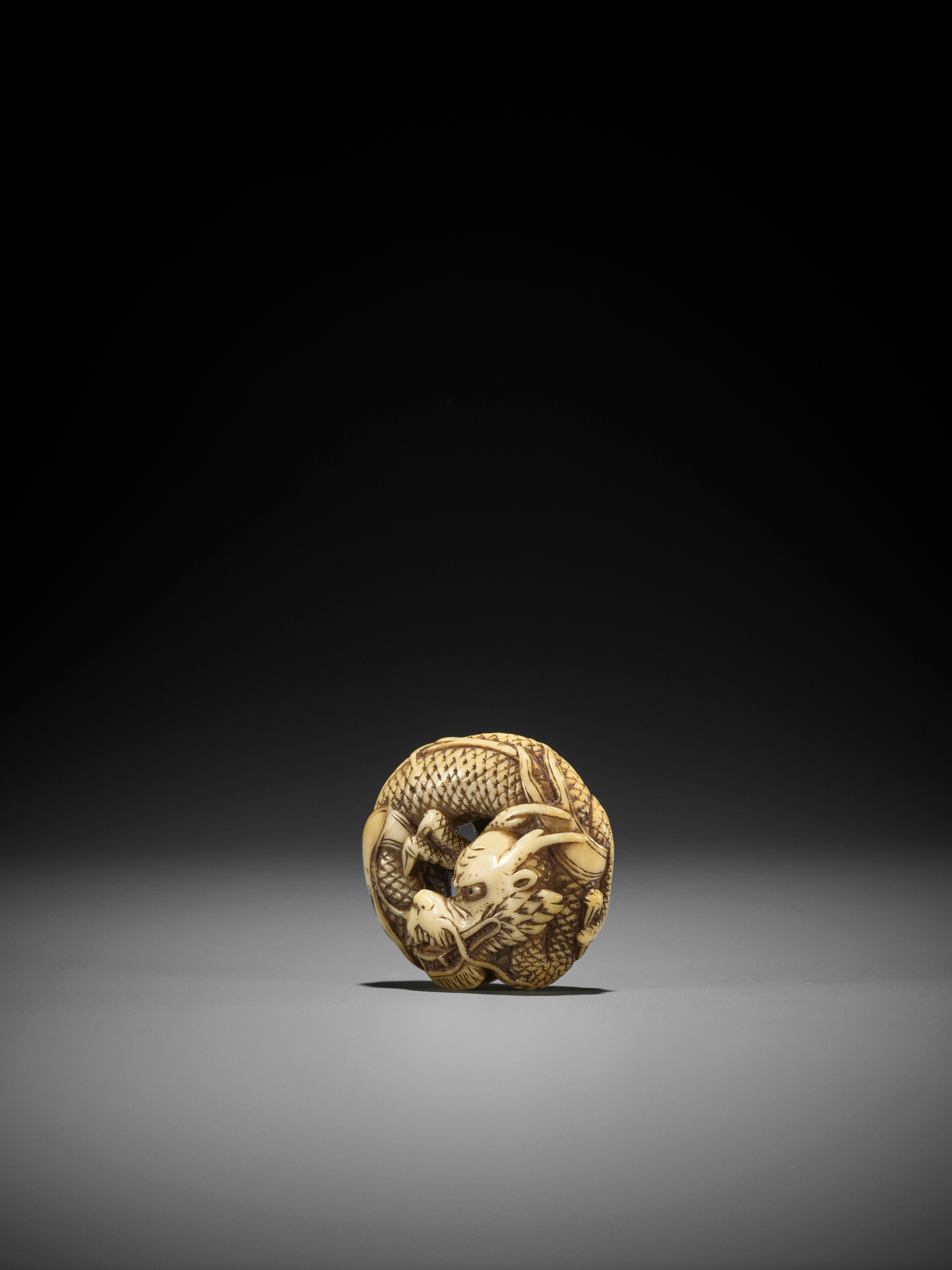 A FINE WALRUS TOOTH MANJU NETSUKE OF A COILED DRAGON - Image 3 of 8