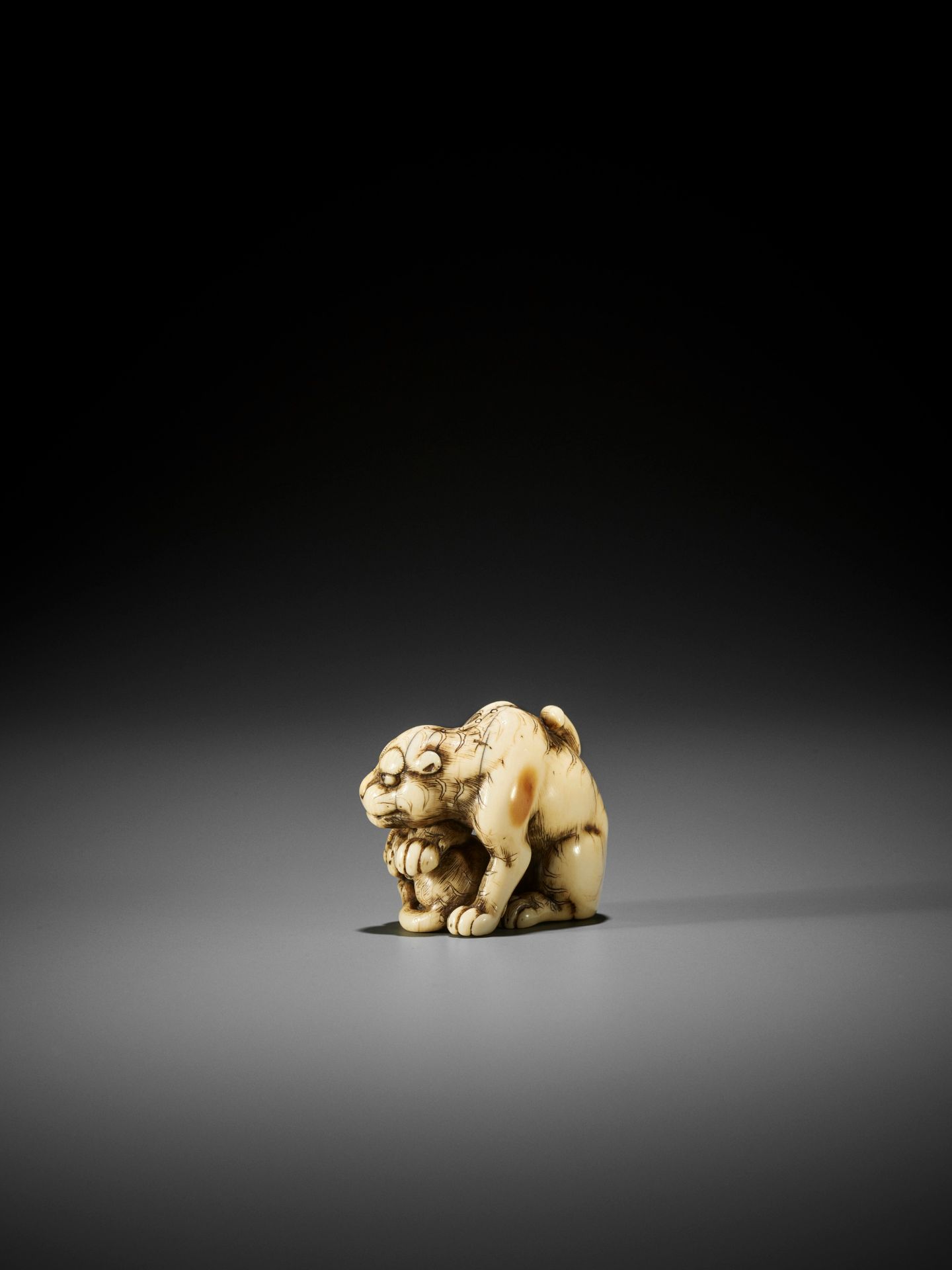 TOMOTADA: AN EXCEPTIONAL IVORY NETSUKE OF A TIGRESS AND CUB - Image 6 of 13