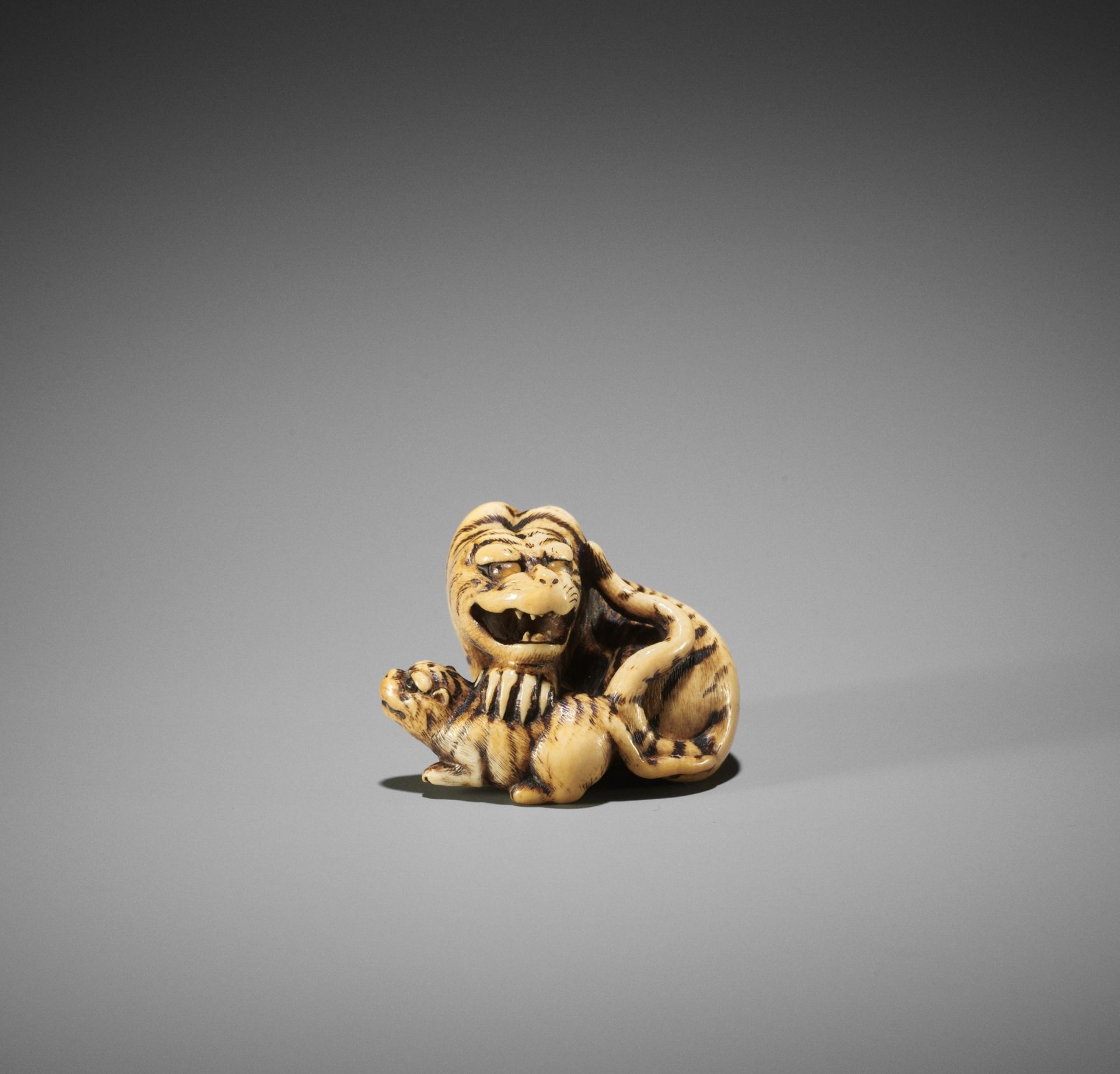 HAKURYU I: A SUPERB IVORY NETSUKE OF A TIGER AND CUB