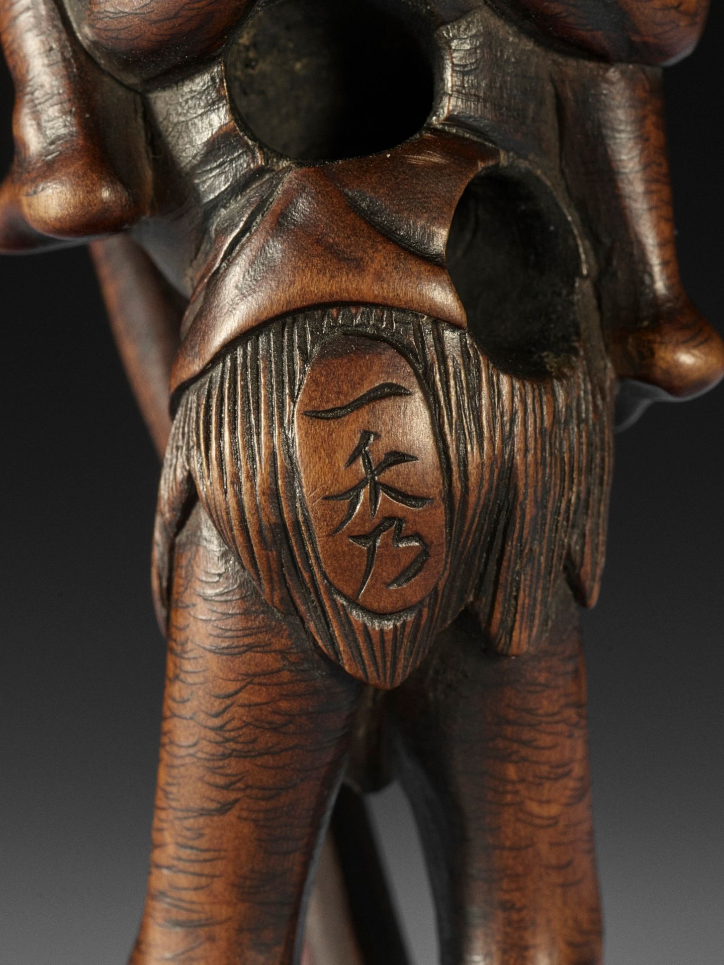 KAZUHIDE: A TALL WOOD NETSUKE OF ASHINAGA AND TENAGA - Image 7 of 8