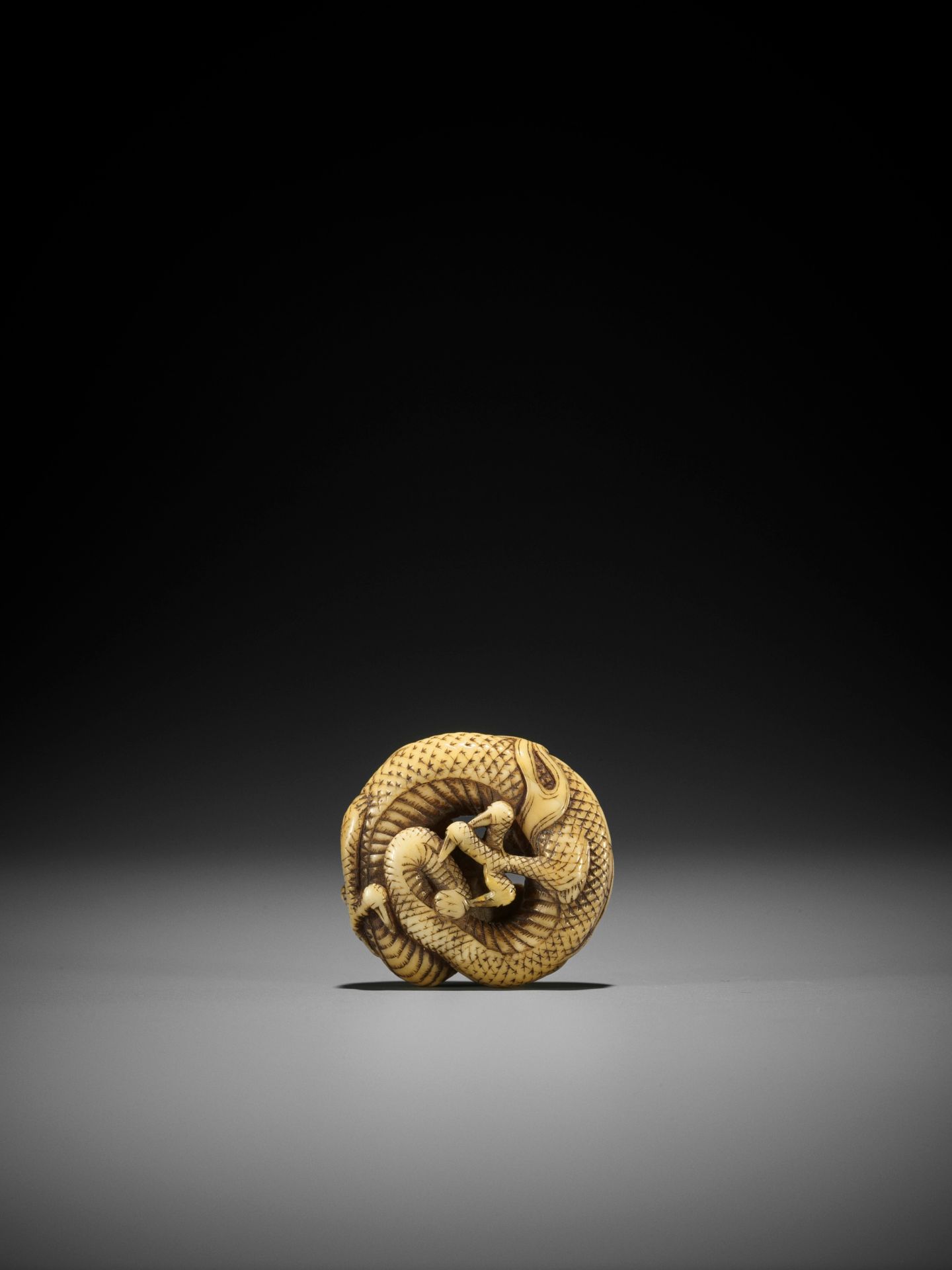 A FINE WALRUS TOOTH MANJU NETSUKE OF A COILED DRAGON - Image 2 of 8