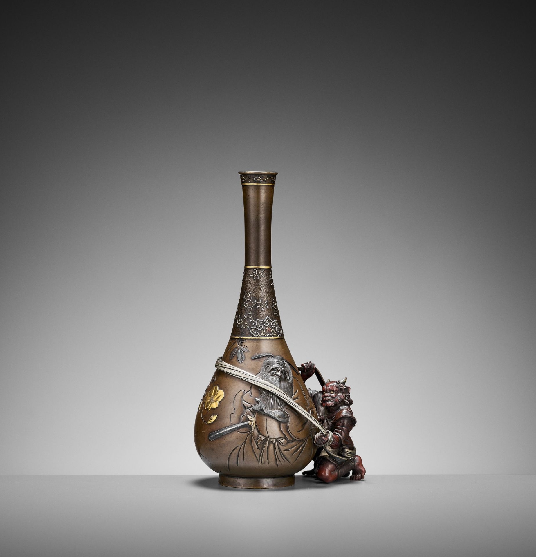 AN EXCEPTIONAL MIXED METAL 'SHOKI AND ONI' VASE