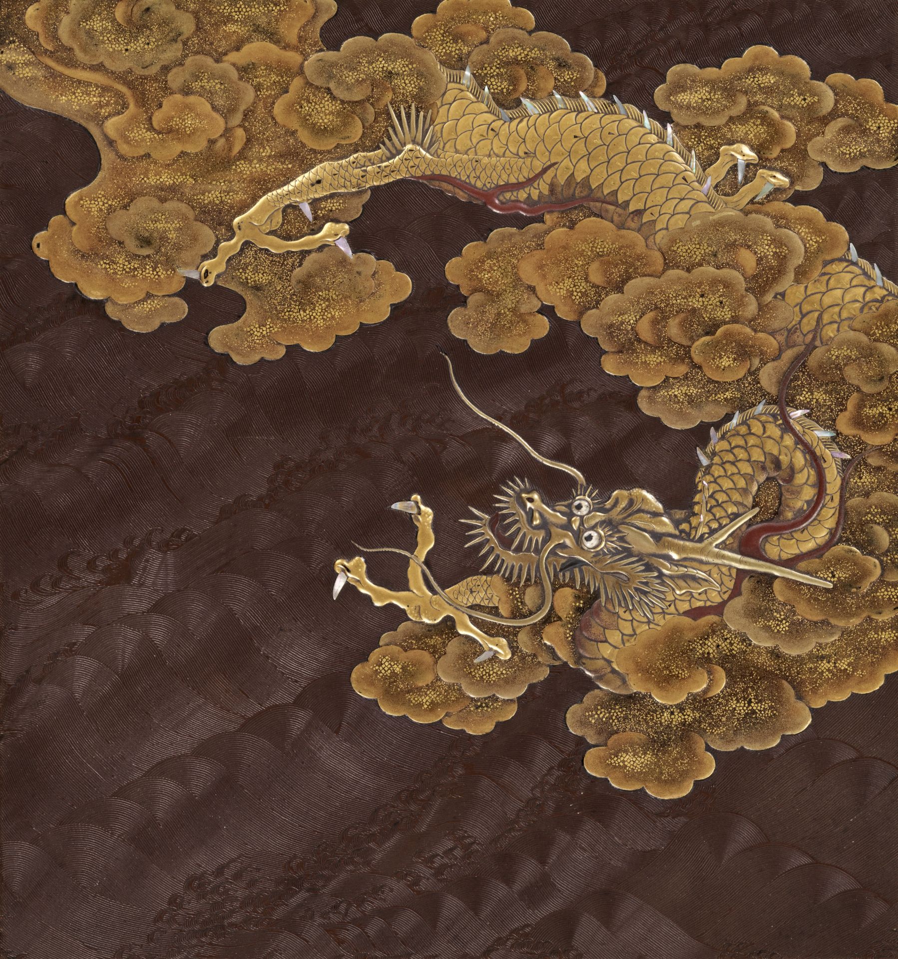 A SUPERB ZESHIN-STYLE INLAID LACQUER SUZURIBAKO WITH DRAGON AMONGST CLOUDS AND COMBED WAVES - Image 6 of 20