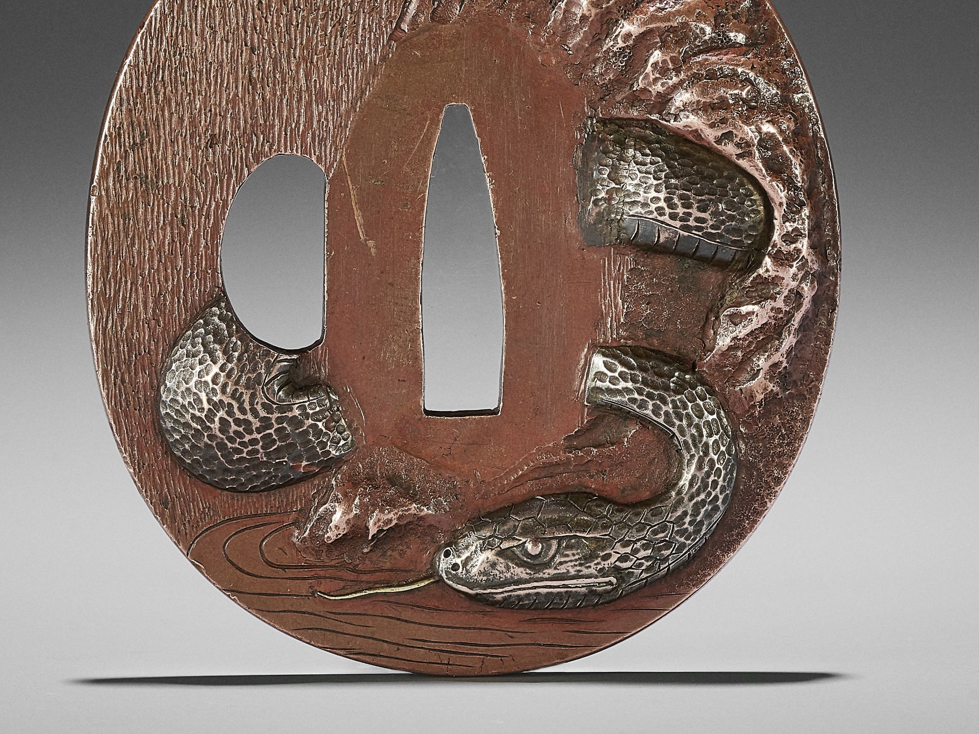 A NARA SCHOOL COPPER AND SHIBUICHI TSUBA WITH A WRITHING SNAKE - Image 2 of 5