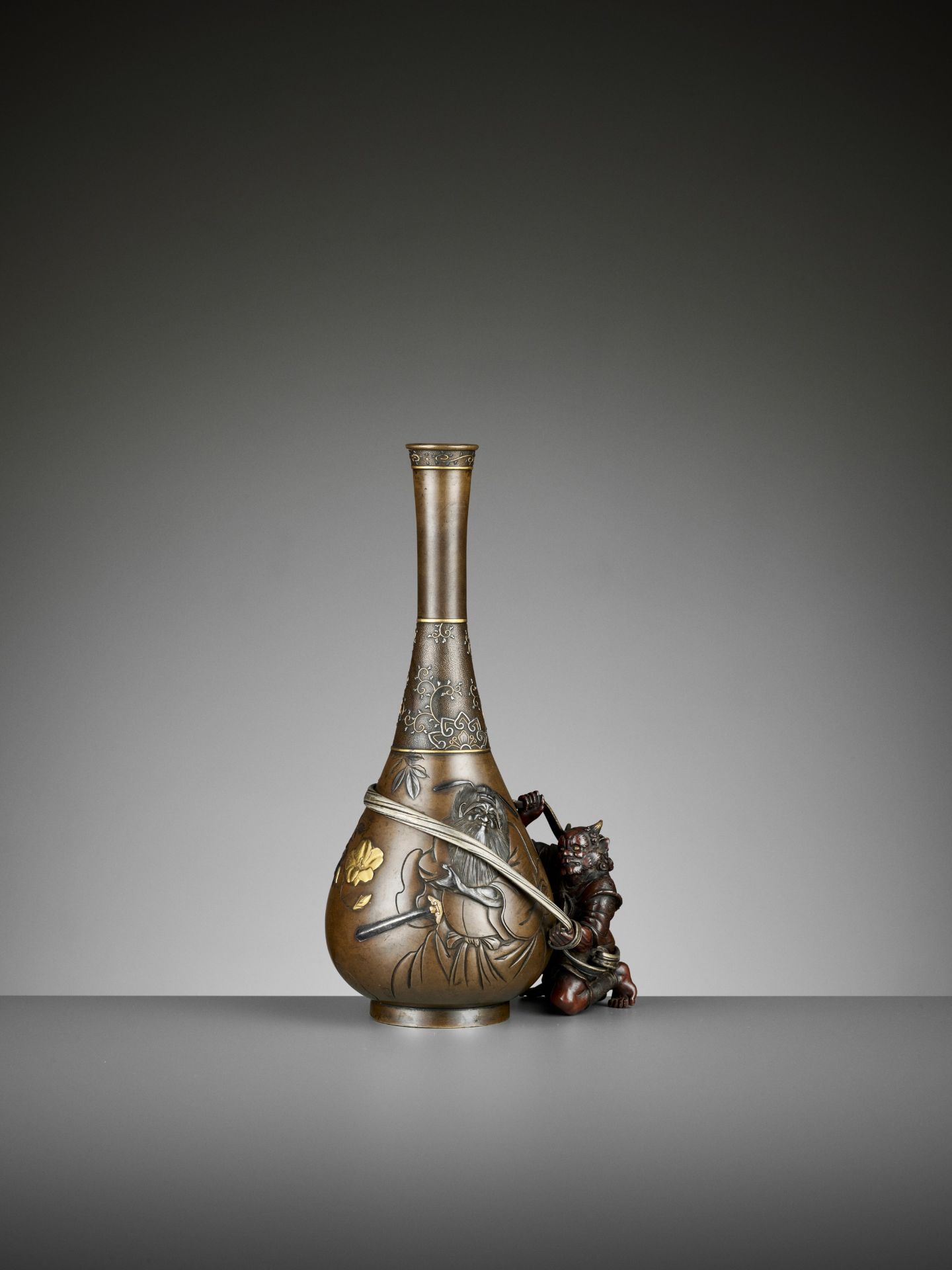 AN EXCEPTIONAL MIXED METAL 'SHOKI AND ONI' VASE - Image 5 of 11