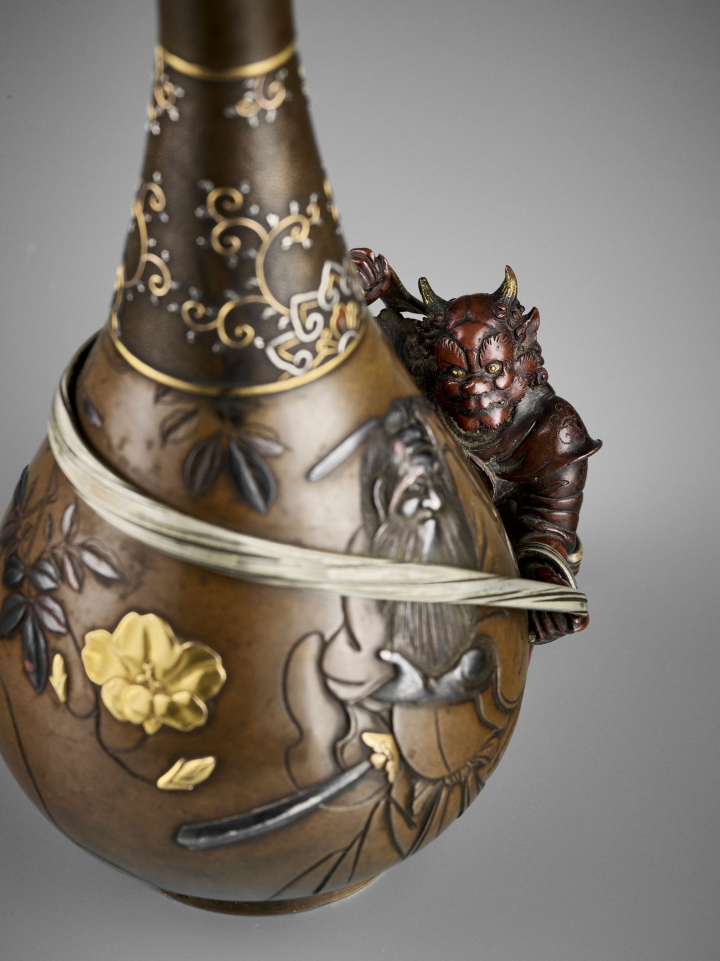 AN EXCEPTIONAL MIXED METAL 'SHOKI AND ONI' VASE - Image 2 of 11