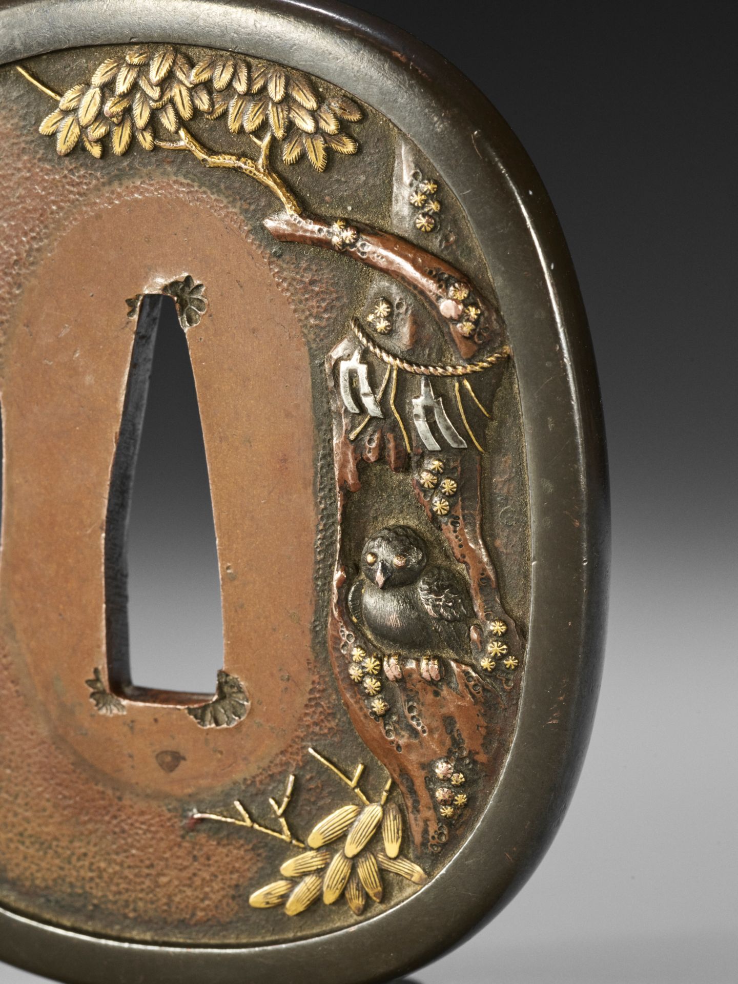 A COPPER AND SHIBUICHI TSUBA WITH OWL IN TREE - Image 2 of 4